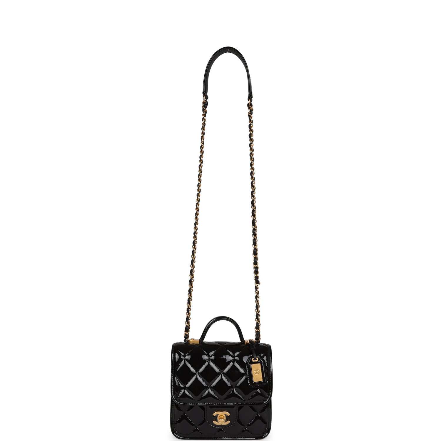 Chanel Vintage Square Top Handle Flap Bag Black Patent Leather with Antique Gold Hardware - Perfect for School, Work & Special Occasions
