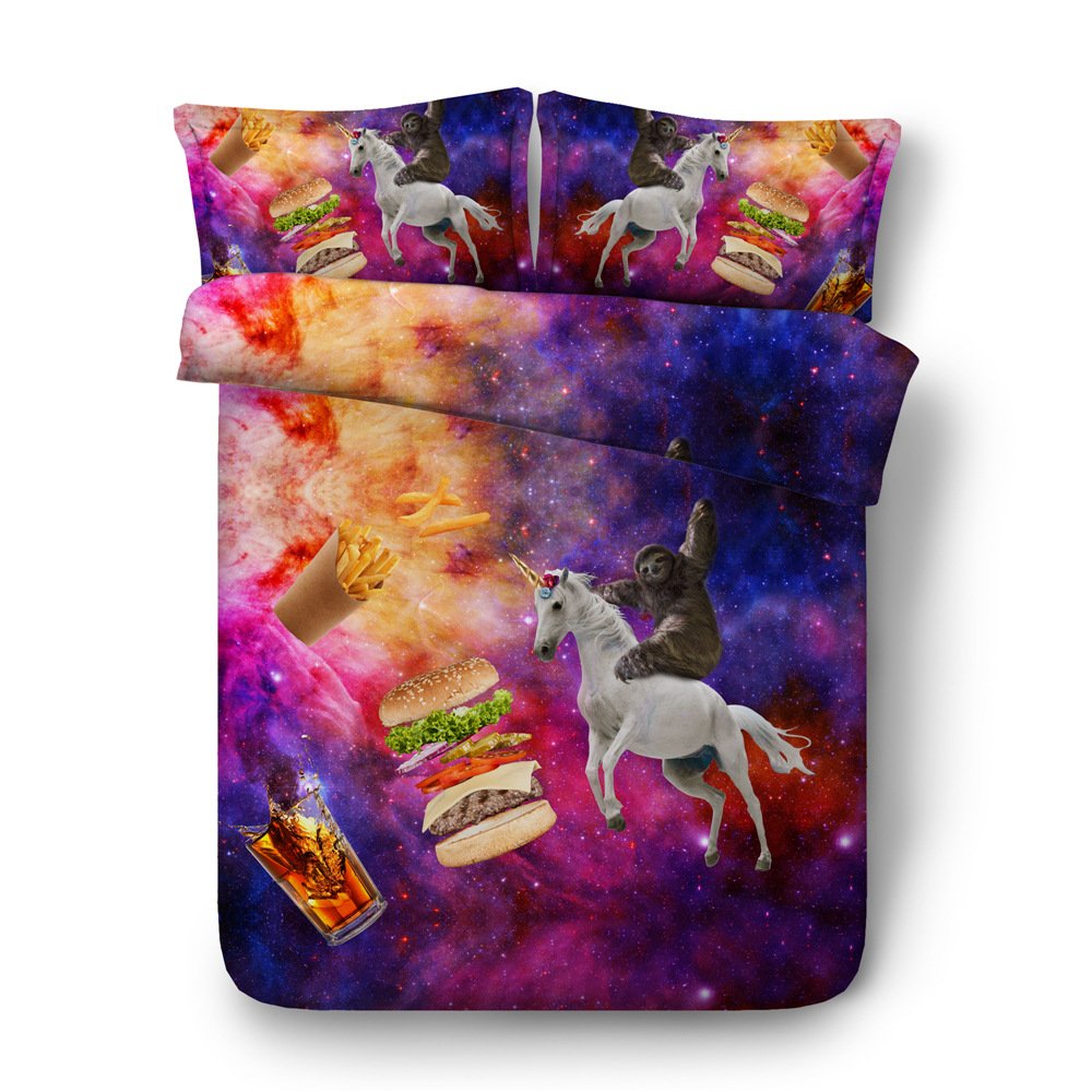 HyUkoa 3D Sloth Riding Unicorn Galaxy Print Bedding Set - Twin Size 3-Piece Duvet Cover with Pillowcases (Hamburger, Cola, French Fries Design) for Kids' Room Decor & Fantasy Themed Bedroom