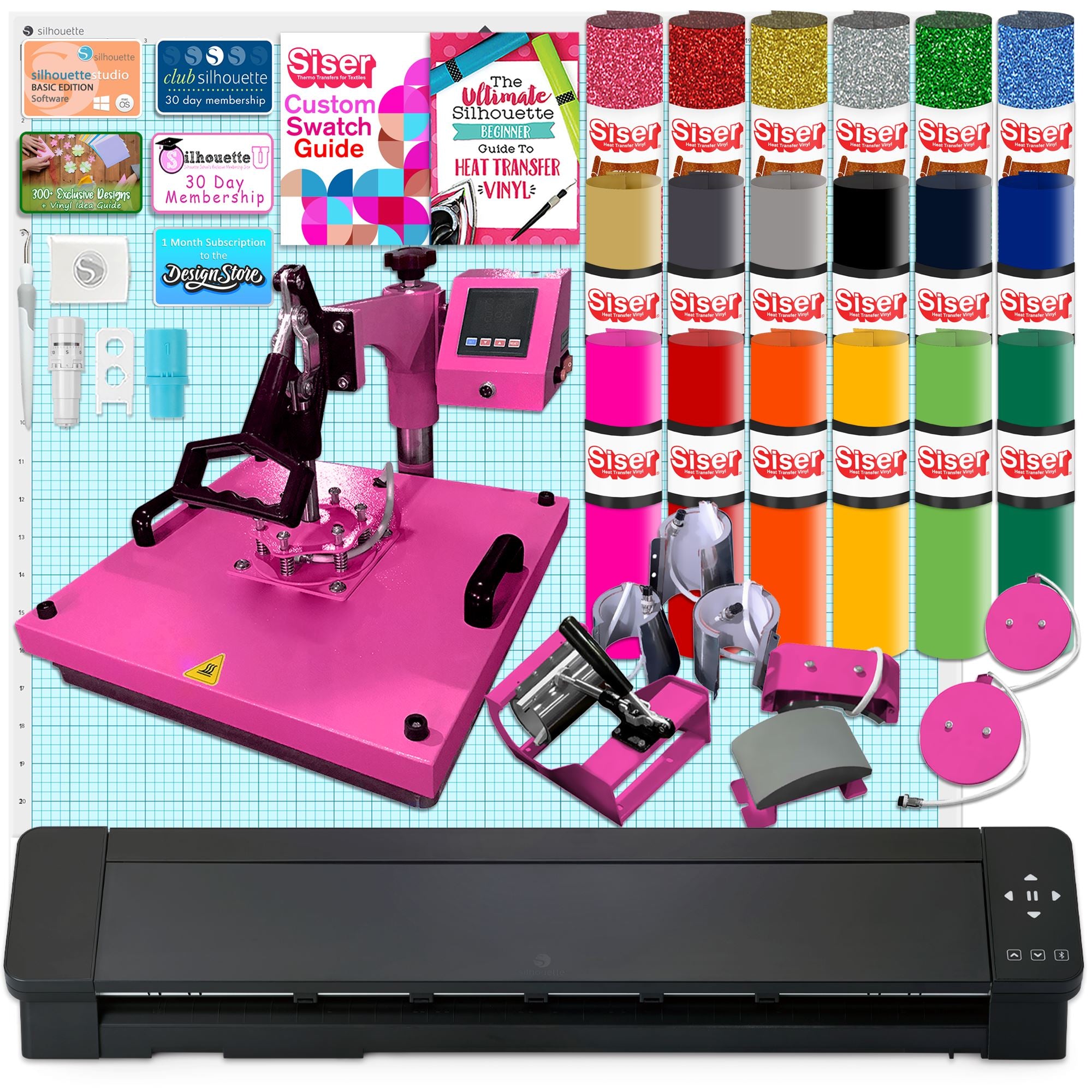 Silhouette Cameo 5 PRO MK II Cutting Machine with 8-in-1 Pink Heat Press Bundle & Siser HTV Vinyl - Perfect for DIY Crafts, T-Shirt Designs, and Home Decor Projects