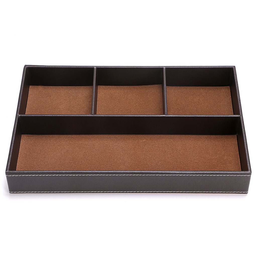 BTSKY 4-Slot PU Leather Desk Drawer Organizer - Office Supplies Storage Tray for Pens, Paper Clips & Accessories - Multi-Purpose Desktop Organizer (Brown) - Perfect for Home Office, School & Workspace Organization