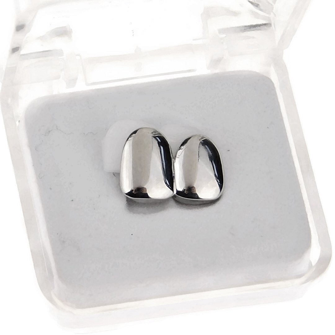 Silver Tone Double Cap Grillz - Plain Canine Bling for Hip Hop Style (Perfect for Rappers, Performers & Street Fashion)