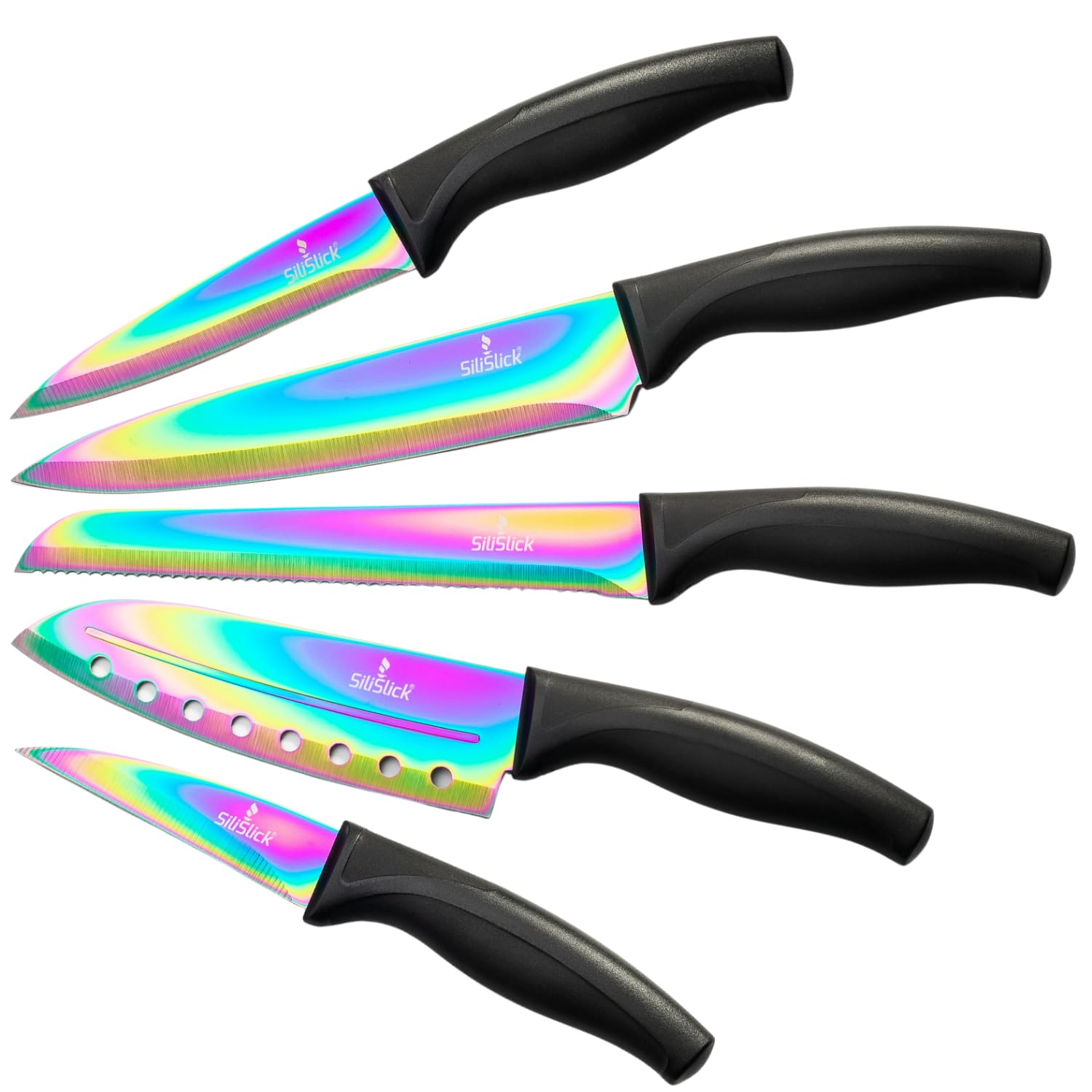 Rainbow Titanium Coated Kitchen Knife Set - 6-Piece Stainless Steel Knives with Chef, Bread, Santoku, Paring & Utility Knives - Sharp Kitchen Cutlery with Blade Covers - Perfect for Home Cooking, BBQ & Gift Giving