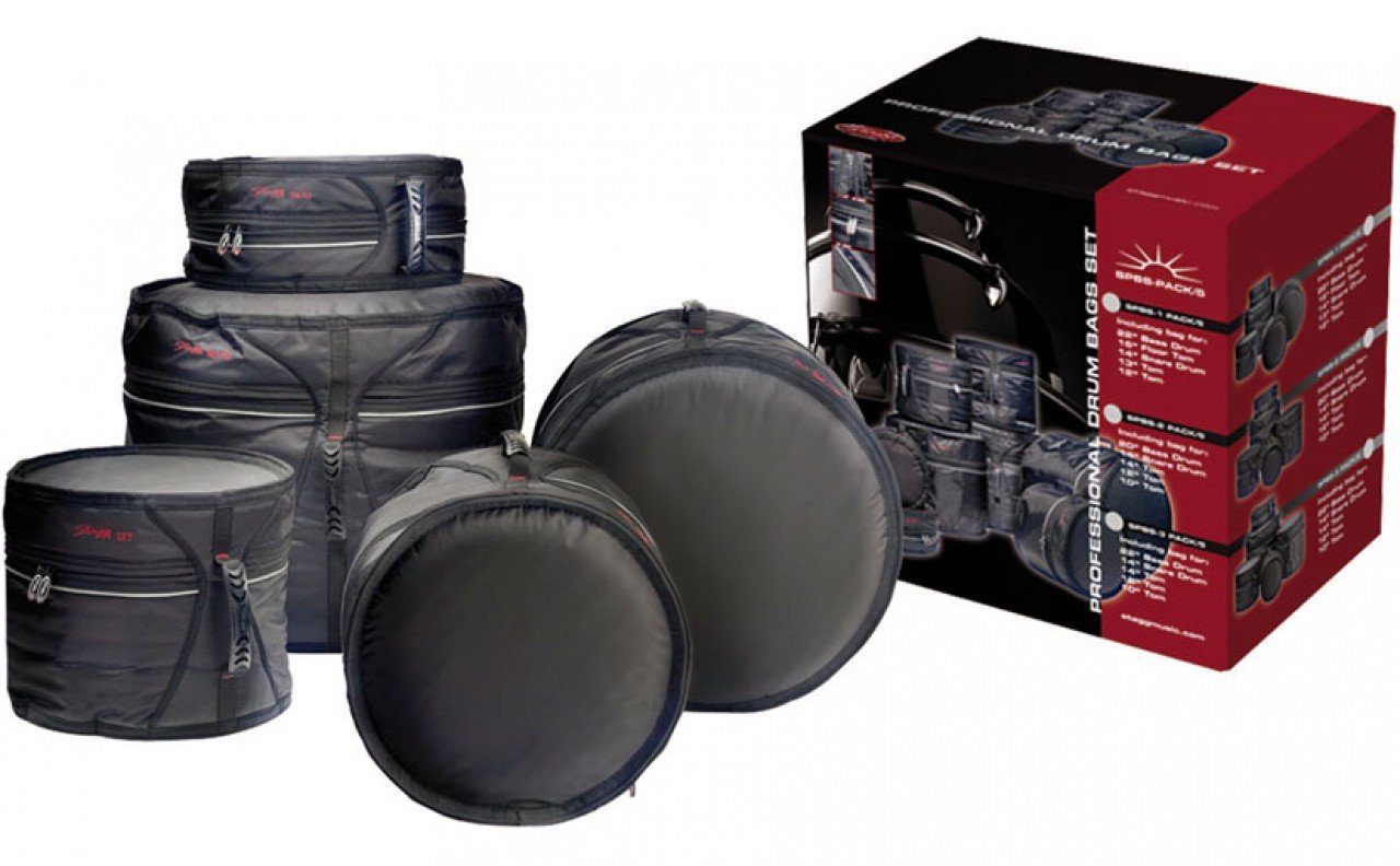 Stagg SPBS-1 5-Piece Professional Drum Bag Set for Gigging Musicians - Perfect for Drum Storage, Transport & Protection (Snare, Tom, Bass, Cymbal Bags)