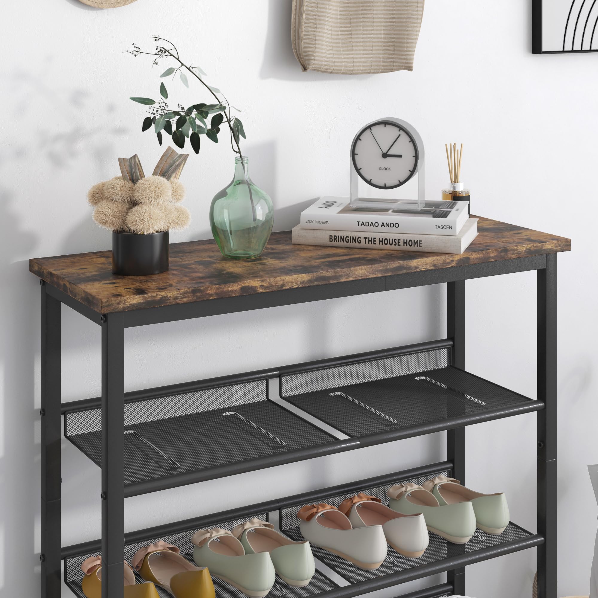 Gecheer 5-Tier Adjustable Industrial Shoe Rack with 4 Mesh Shelves - Rustic Country Style Entryway Storage Organizer for Shoes, Boots & Accessories | Perfect for Living Room, Bedroom, Porch & Hallway Organization