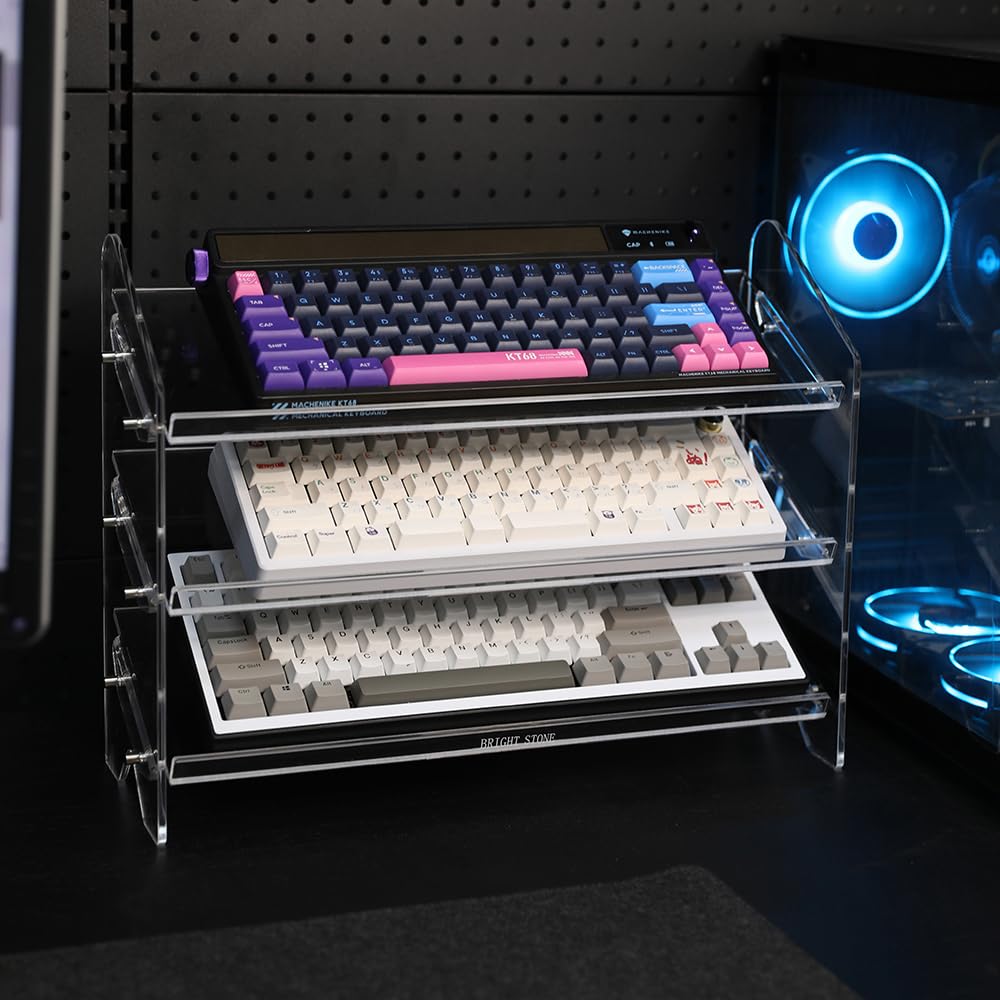 Bright Stone Acrylic Keyboard Display Stand - 3 Tier Mechanical Keyboard Storage Rack & Desktop Organizer for Customized Keyboards - Perfect for Gaming Setup, Office Desk Organization & Keyboard Collection Display (Long Size)