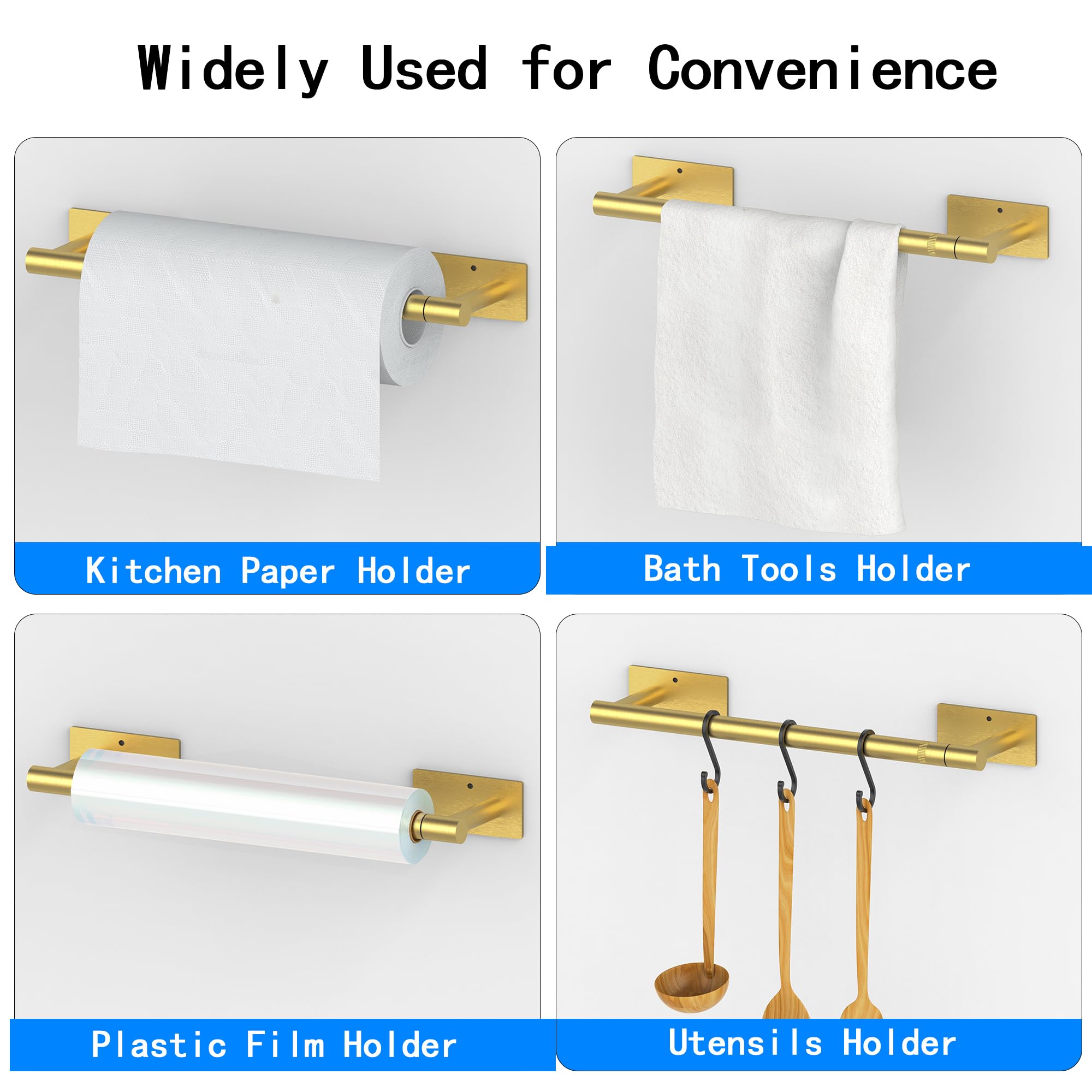 Under Cabinet Paper Towel Holder - Gold Stainless Steel Kitchen & Bathroom Towel Rack - Wall Mounted & Adhesive SUS304 Paper Towel Roll Dispenser - Perfect for Kitchen Counter, Bathroom Wall, RV, and Office Use