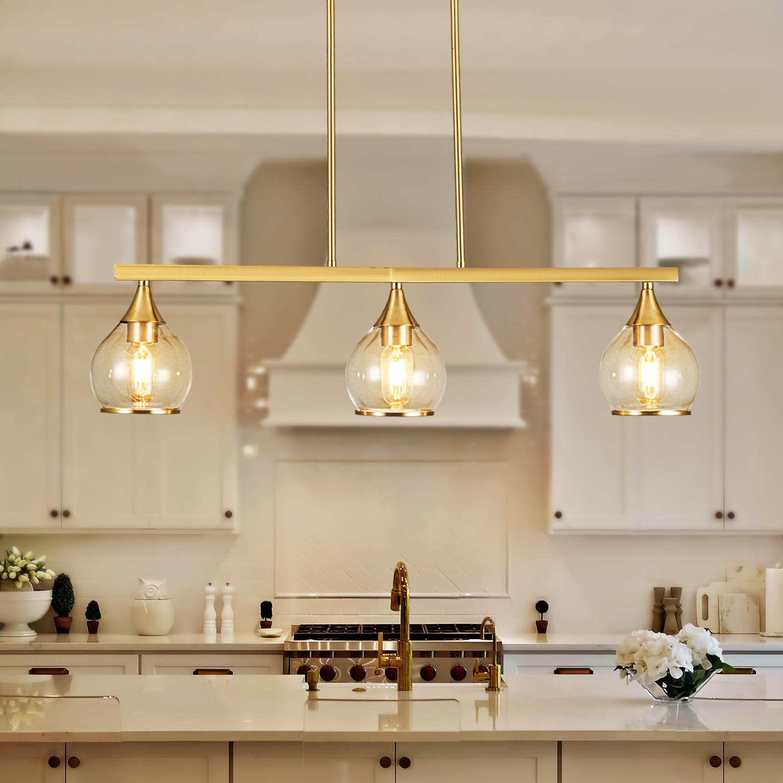 3-Light Gold Kitchen Island Linear Hanging Pendant Chandelier - Brushed Gold Dining Room Light Fixture with Clear Round Glass Shades - Perfect for Kitchen Islands, Dining Tables, and Breakfast Bars