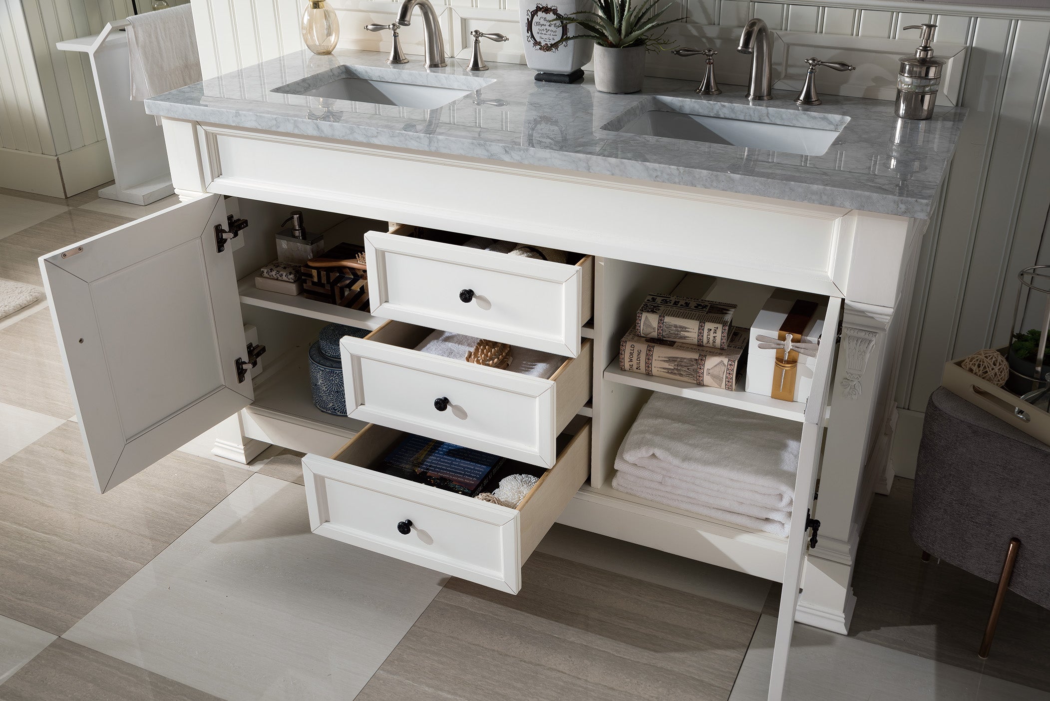 Brookfield 60 Inch Double Vanity with 3CM Carrara Marble Top in Bright White - Perfect for Modern Bathroom Renovations & Master Suite Upgrades