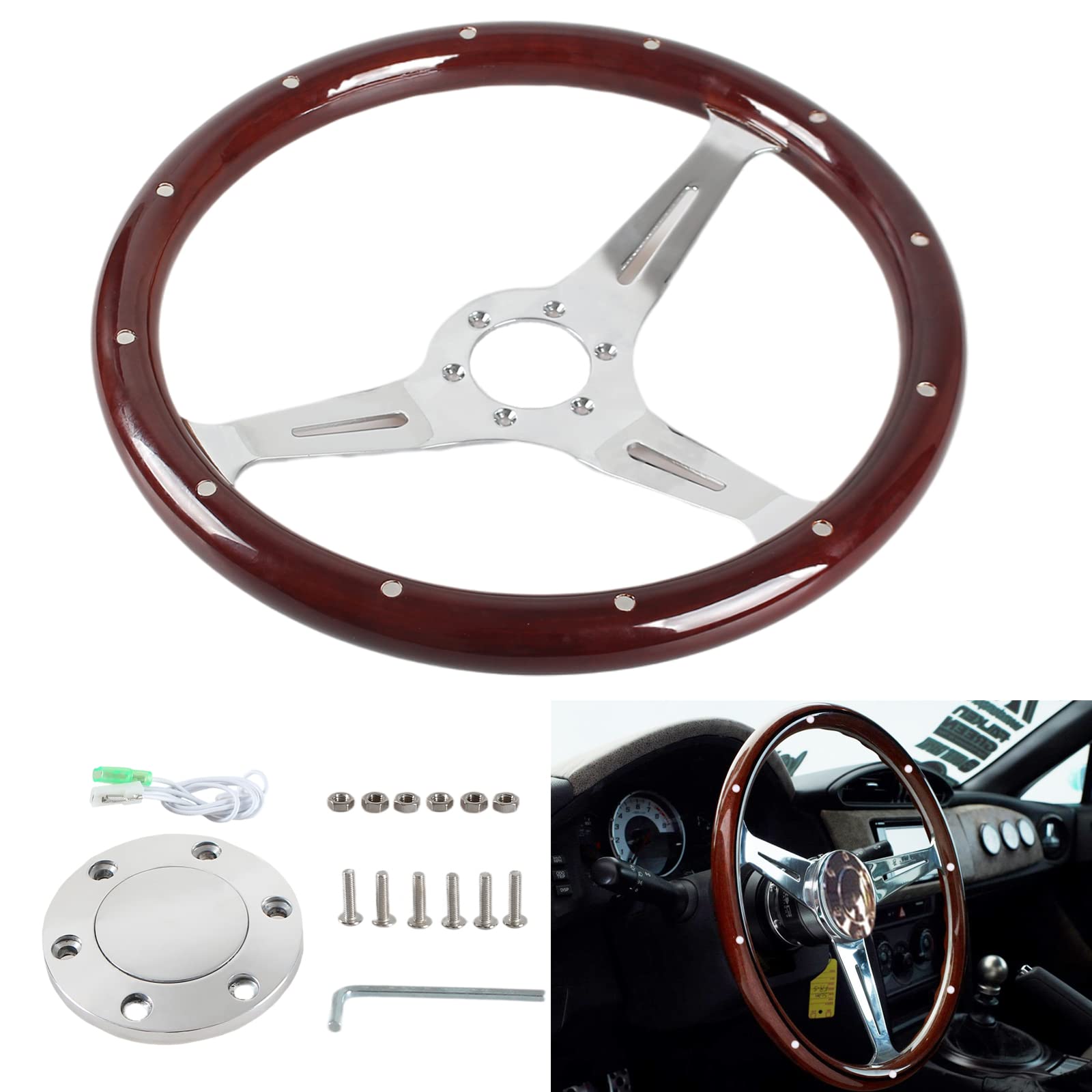15 Inch (380mm) Classic Wood Grain Steering Wheel with Horn Button Kit - Hollow-Carved Riveted Retro Style for Vintage Cars & Hot Rods - Perfect for Car Restoration, Custom Builds & Classic Vehicle Upgrades