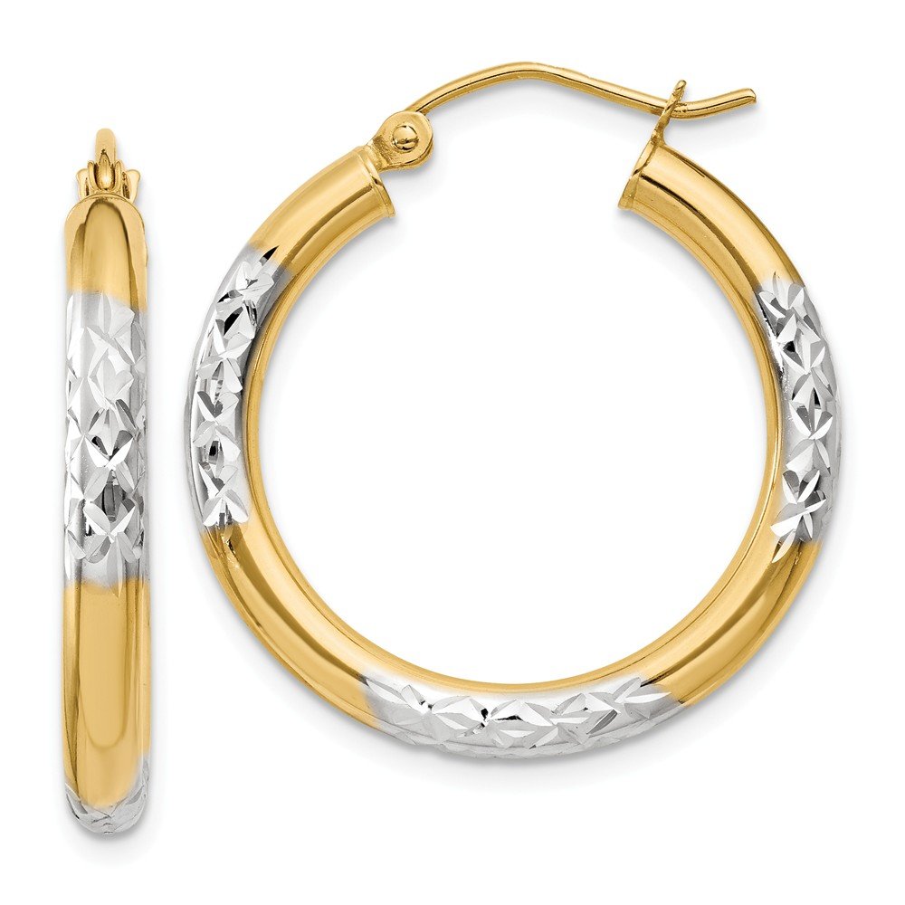 14K Yellow Gold Two-Tone Diamond-Cut Hoop Earrings for Women - 3x25mm Elegant Dangle Hoops for Everyday Wear, Parties & Gifts