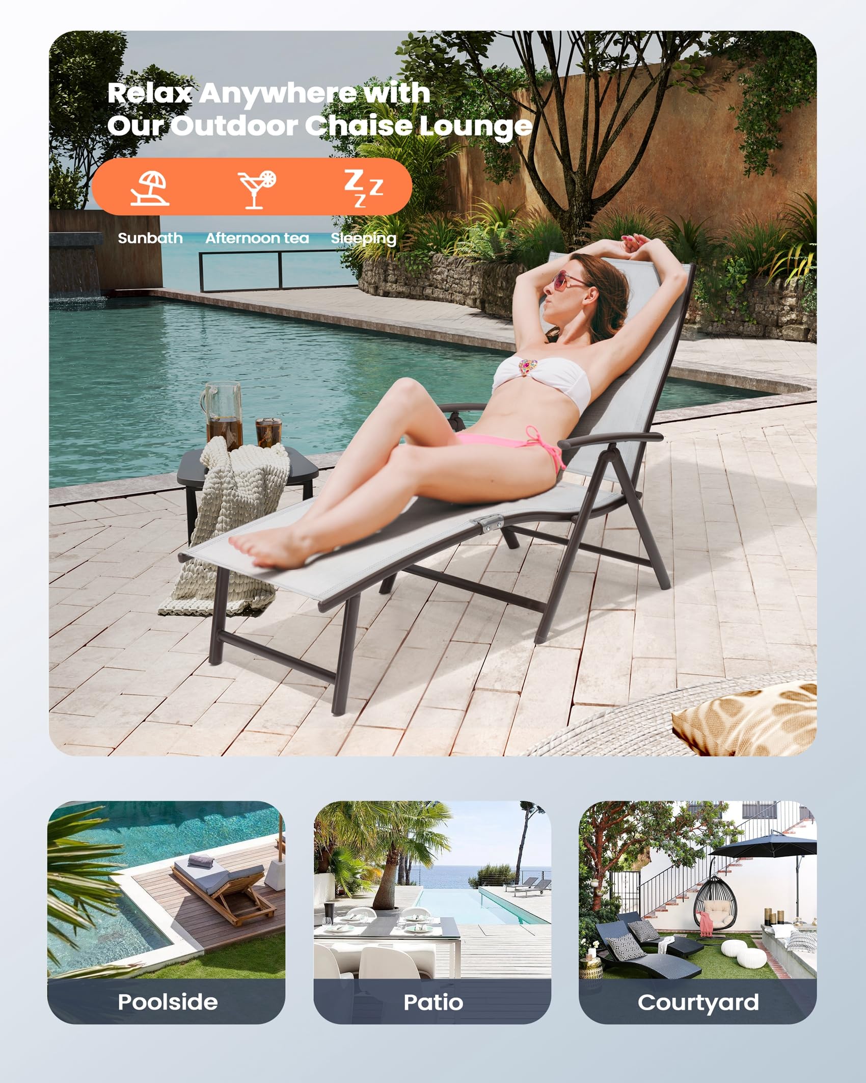 Pellebant Aluminum Patio Chaise Lounge Chair - Adjustable Outdoor Recliner with 8 Backrest Positions, Brown Frame & Light Grey Cushion - Folding All-Weather Pool, Beach & Yard Lounge Chair for Sunbathing, Relaxing by the Poolside or Backyard Lounging