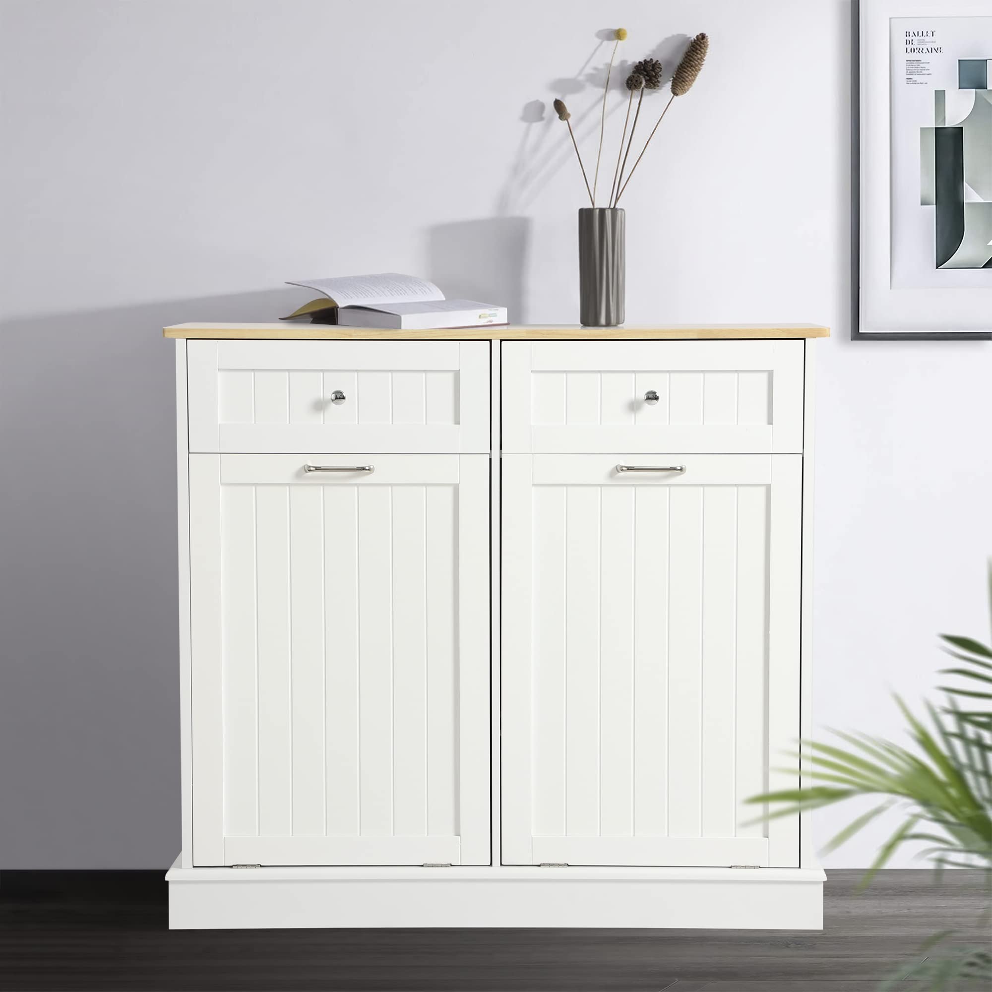White Wooden Tilt-Out Trash Can Cabinet with Double Hidden Trash Bin Holder - Free Standing Kitchen Recycling Storage Organizer, Dog-Proof Garbage Can for Home & Office Use