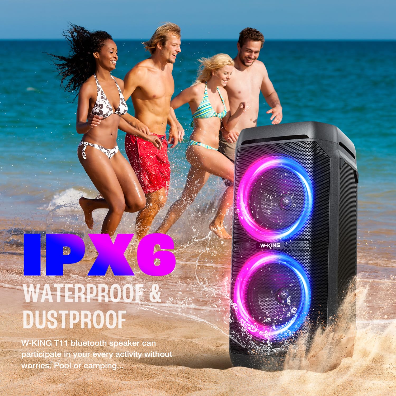 W-KING 220W Peak Bluetooth Speaker - 115dB Loud Sound, Deep Bass, IPX6 Waterproof, BT5.3, 24H Battery, EQ, Echo, DSP, RGB Lights - Portable Party Boombox for Outdoor, Beach, Camping, and Home Use