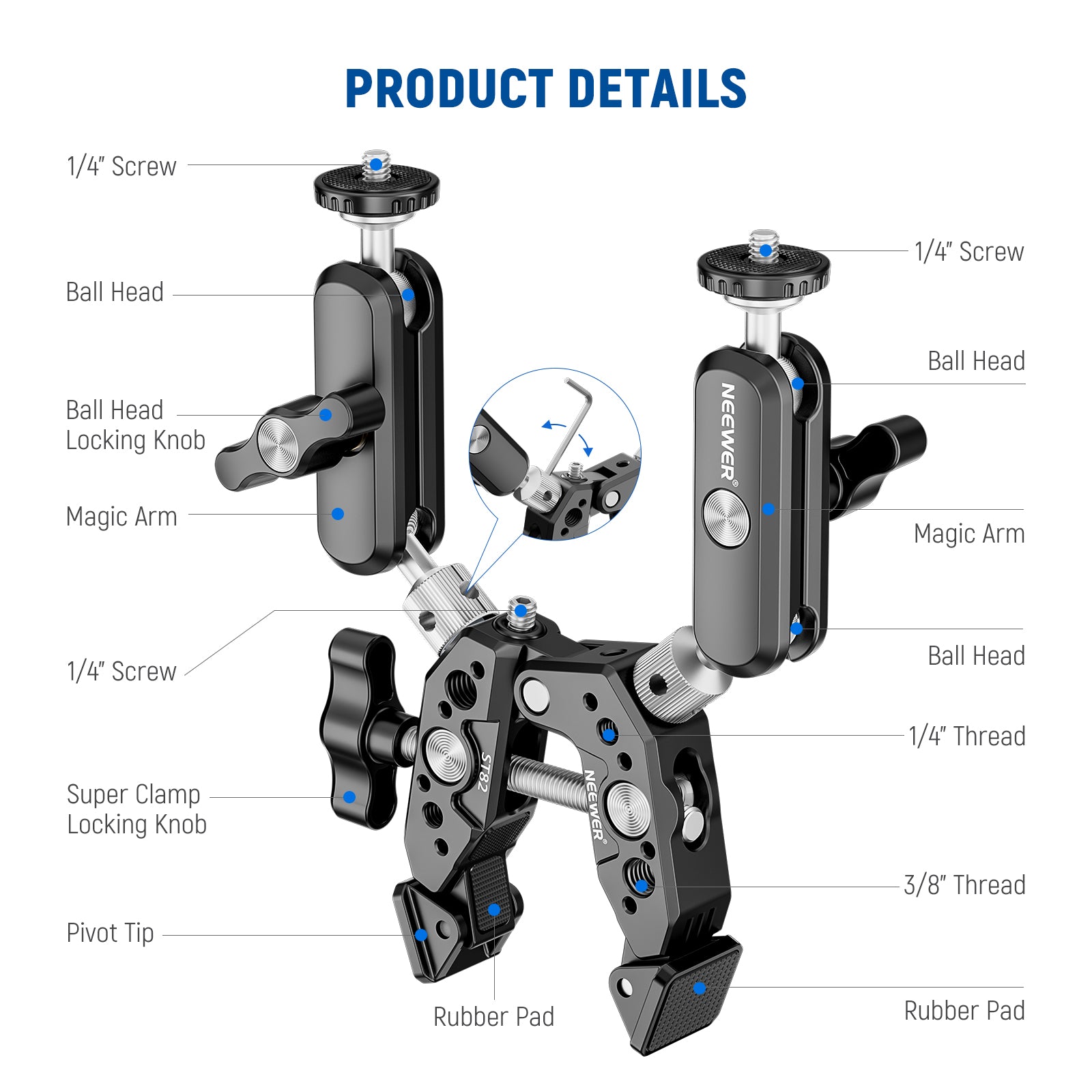 NEEWER ST82 Heavy Duty Super Clamp with Two 360° Dual Ball Head Magic Arms - Perfect for Photography, Videography, and Studio Lighting Setup