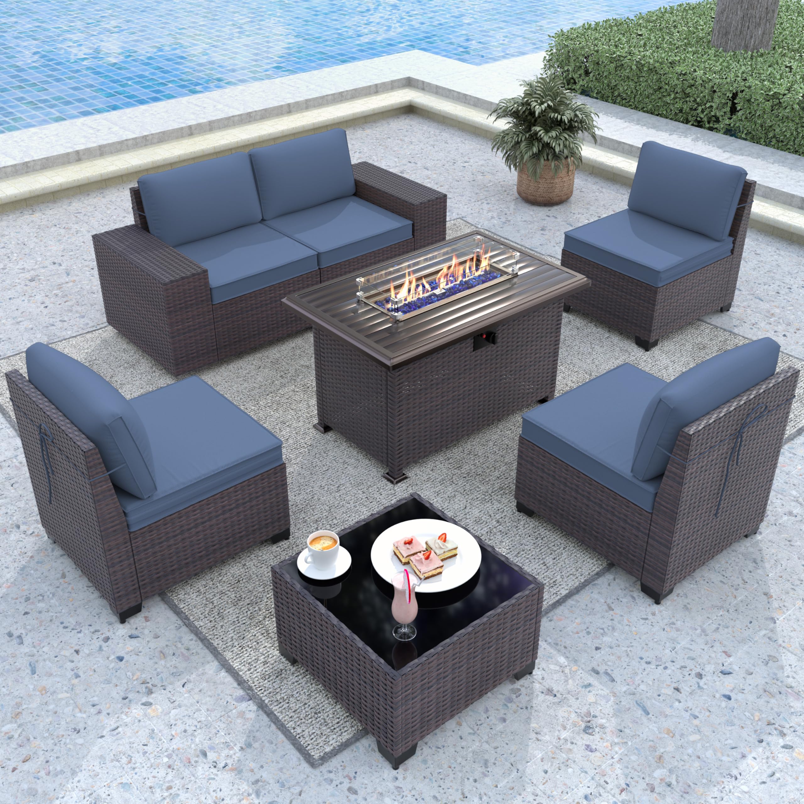 Gotland 7-Piece Outdoor Patio Furniture Set with 43-inch Gas Fire Pit Table - 55,000 BTU Auto-Ignition Sectional Sofa Set with Glass Wind Guard - Perfect for Backyard, Garden, Poolside & Outdoor Entertaining