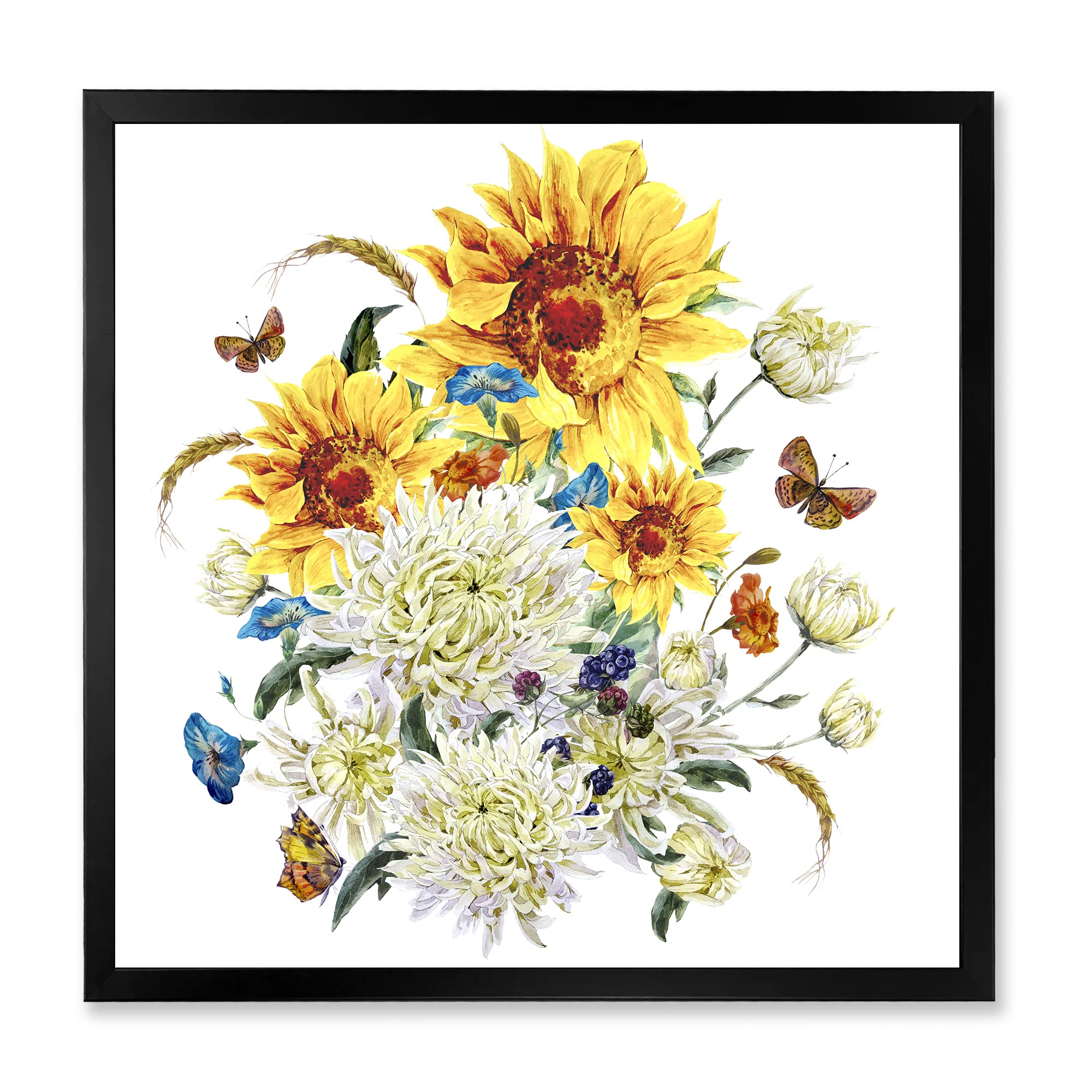 Vintage Chrysanthemums and Sunflowers Framed Wall Art - Traditional Floral Home Decor for Living Room, Bedroom & Office