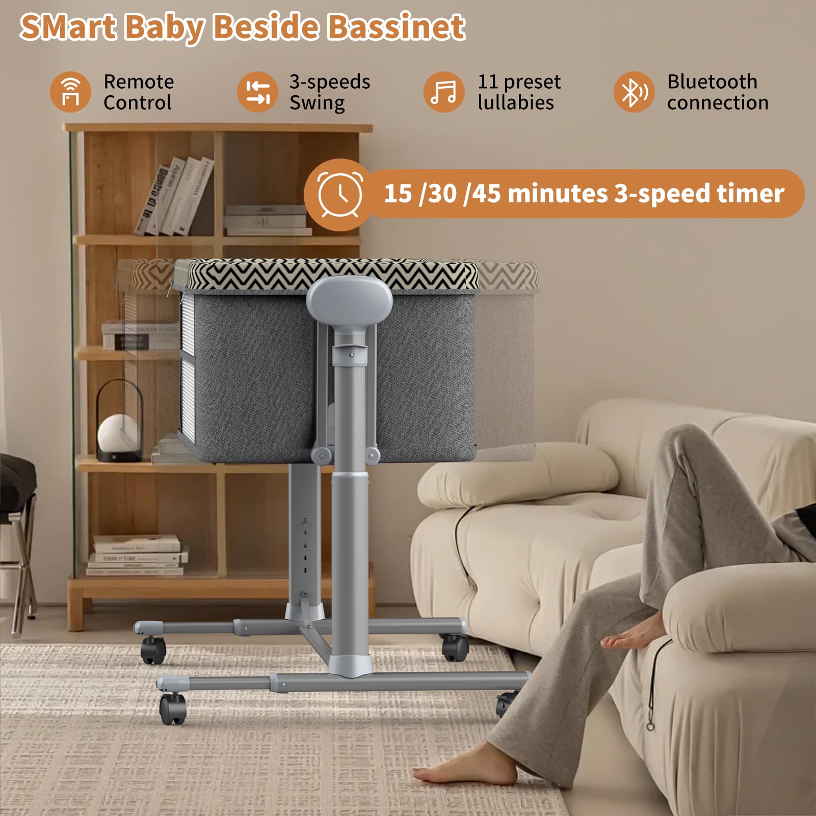 Electric Rocking Bassinet for Newborns - 6-in-1 Smart Baby Bedside Sleeper with Remote Control, 3-Speed Auto Swing & Wheels | Portable Crib for Nursery, Bedroom & Travel | Perfect for Soothing, Night Feeding & Co-Sleeping