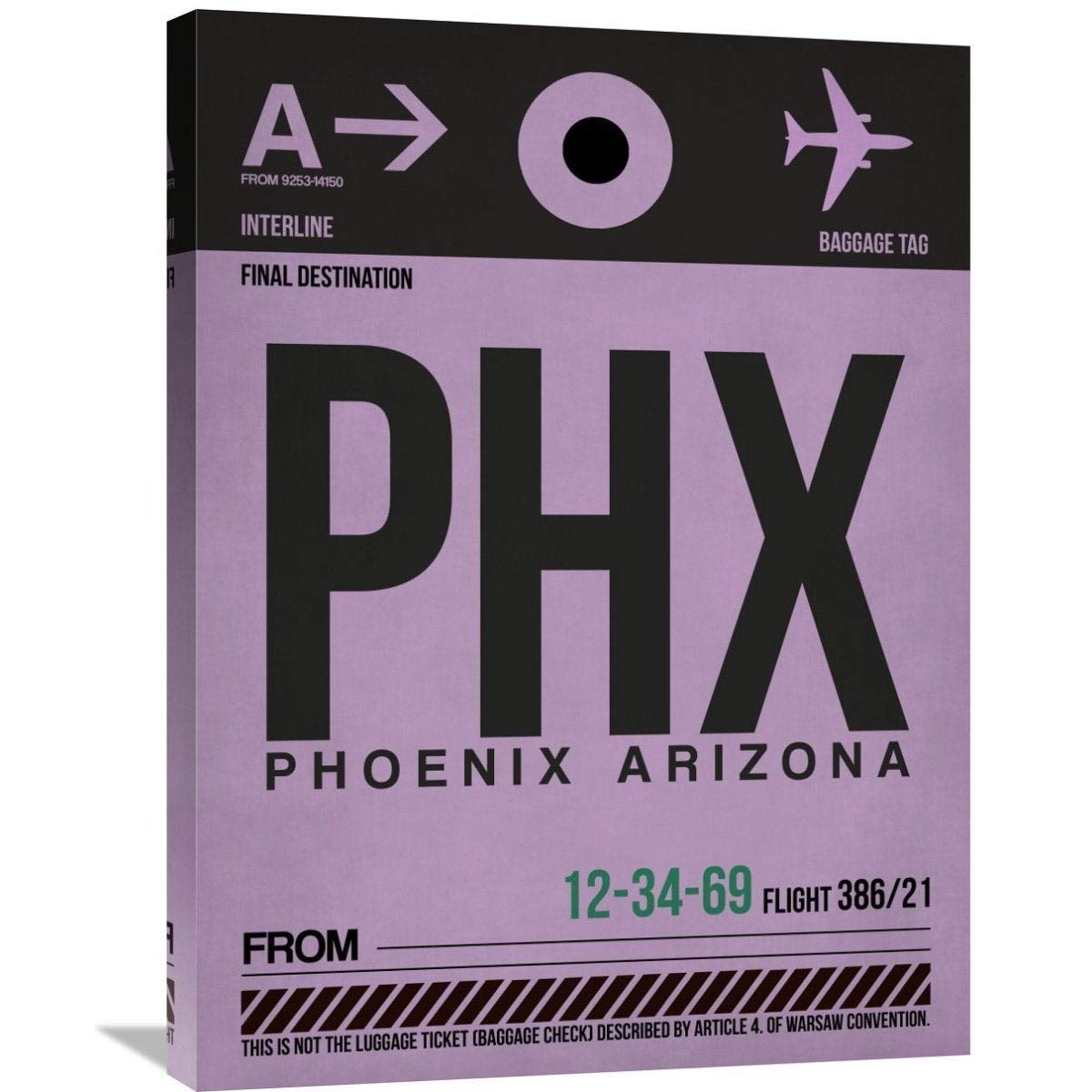 PHX Phoenix Luggage Tag Stretched Canvas Wall Art - Small Size Travel-Inspired Home Decor for Living Room, Bedroom & Office