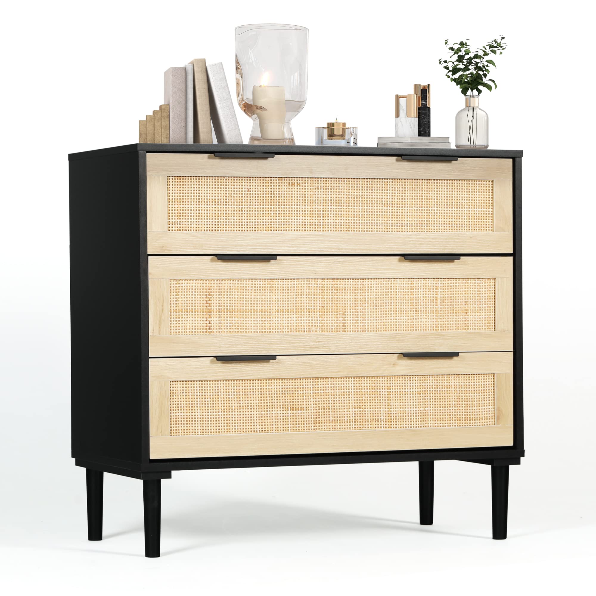 3 Drawer Rattan Dresser Black - Bedroom Chest of Drawers, Storage Cabinet for Living Room, Entryway & Hallway - Stylish End Table & Bedside Nightstand (Black) - Perfect for Small Space Organization & Home Decor