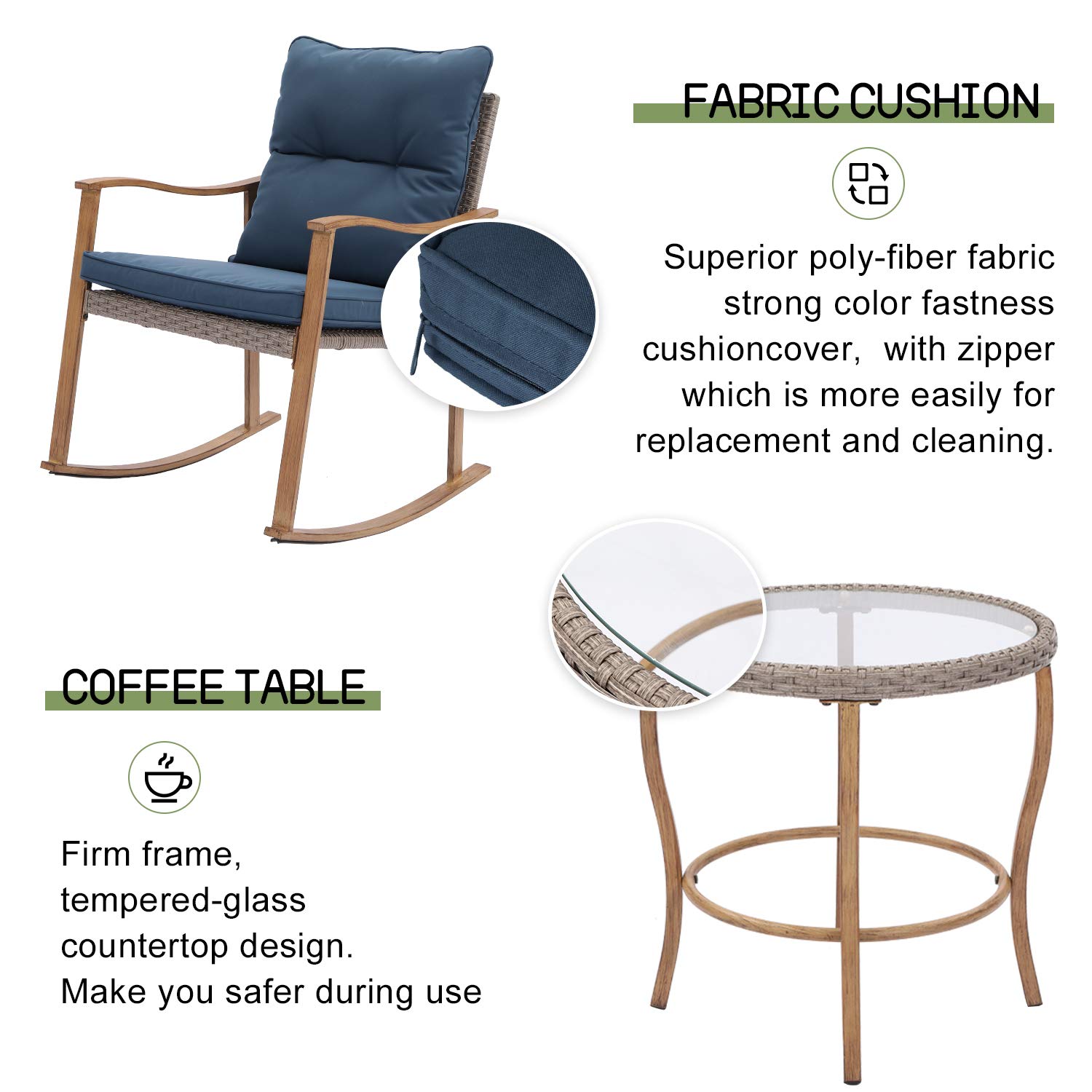 HOMPUS 3-Piece Outdoor Rocking Chair Set with Wicker Patio Furniture, Wood Armrests & Warm Gray Cushions - Includes Glass Coffee Table for Porch, Balcony, Garden | Perfect for Relaxing, Entertaining & Outdoor Dining