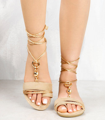 Beverly Women's String Up Sandal in Nude - Comfortable Strappy Summer Sandals for Beach, Vacation & Casual Outings