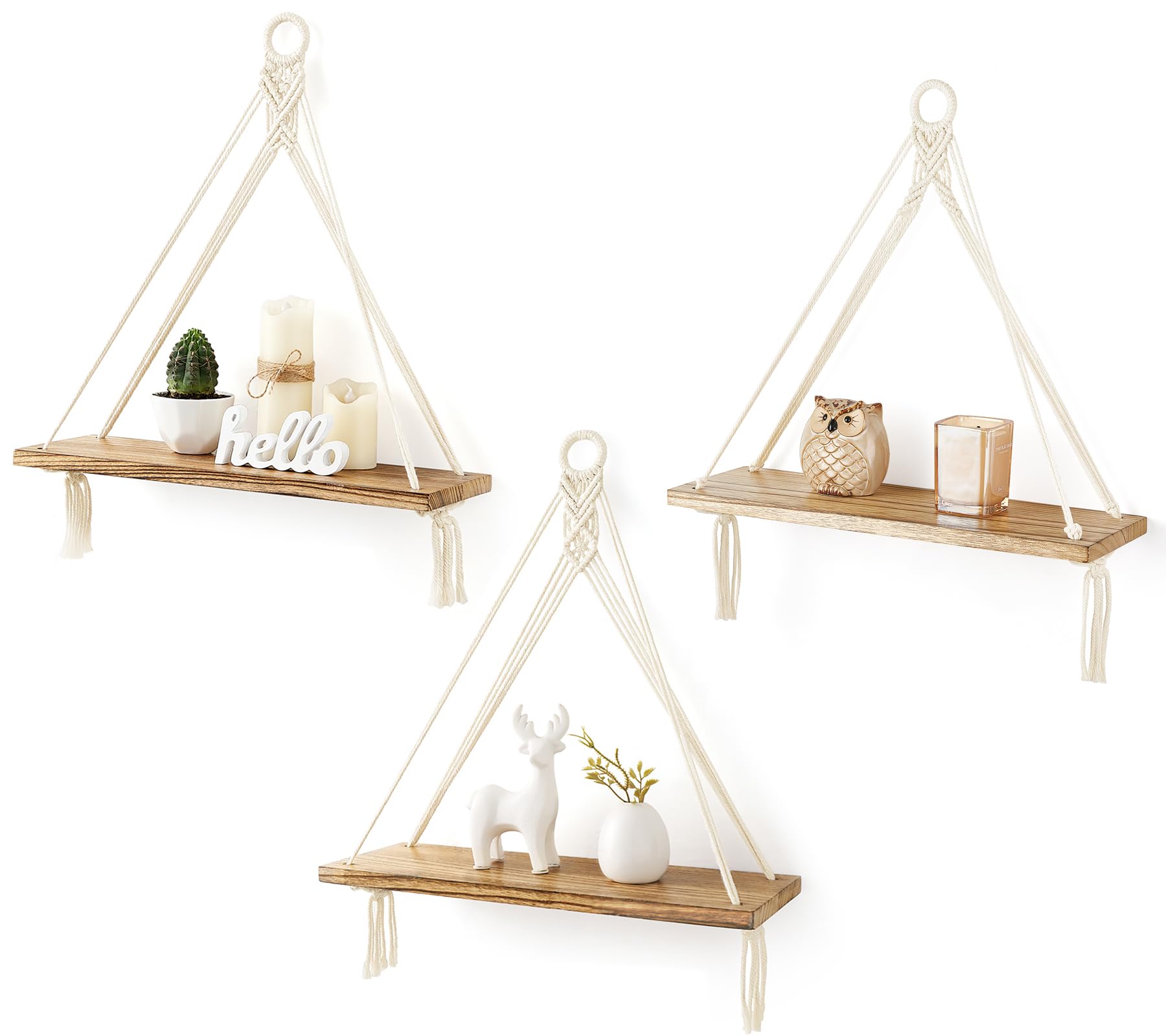 Mkono Woven Storage Basket Set of 3 - Natural Rope Decorative Baskets & Macrame Hanging Shelves for Boho Wall Decor | Perfect for Home Organization, Nursery, Bathroom & Living Room Storage