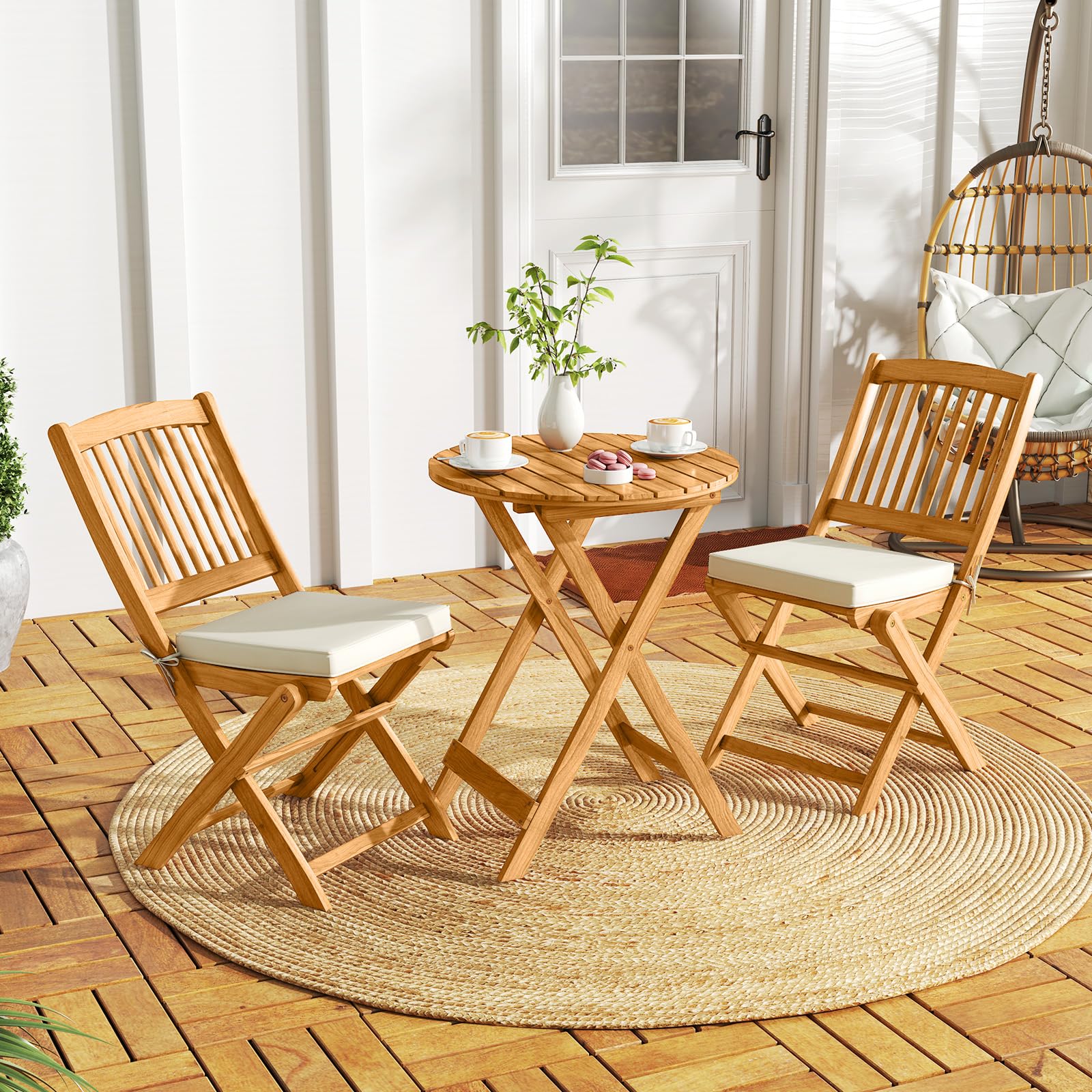 Tangkula 3-Piece Acacia Wood Patio Bistro Set with Cushions - Outdoor Folding Table & Chairs for Garden, Deck, Balcony, Backyard - Perfect for Dining, Relaxing & Entertaining