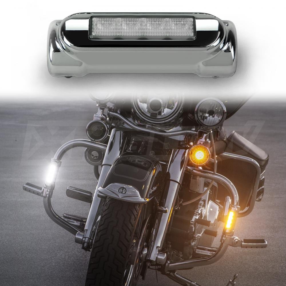 Chrome Motorcycle Highway Bar LED Driving Lights with DRL & Turn Signal - White & Amber Lights for Harley Davidson Touring Bikes (Road King, Street Glide, Road Glide, Ultra Classic, Limited, Trike) - Perfect for Night Riding & Enhanced Safety