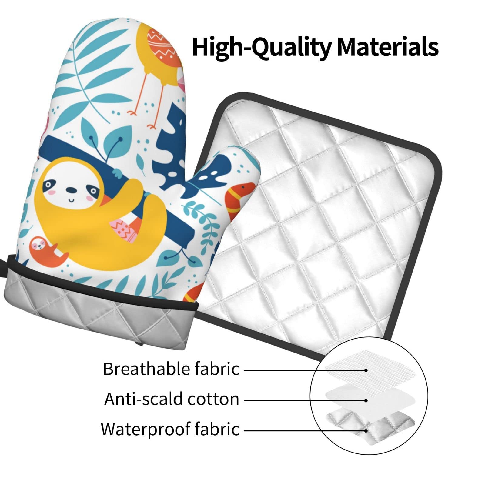 Sloth Pattern Heat Resistant Oven Mitts & Pot Holders Set - Kitchen Cooking & Baking Accessories for Grilling, Roasting, and Food Handling