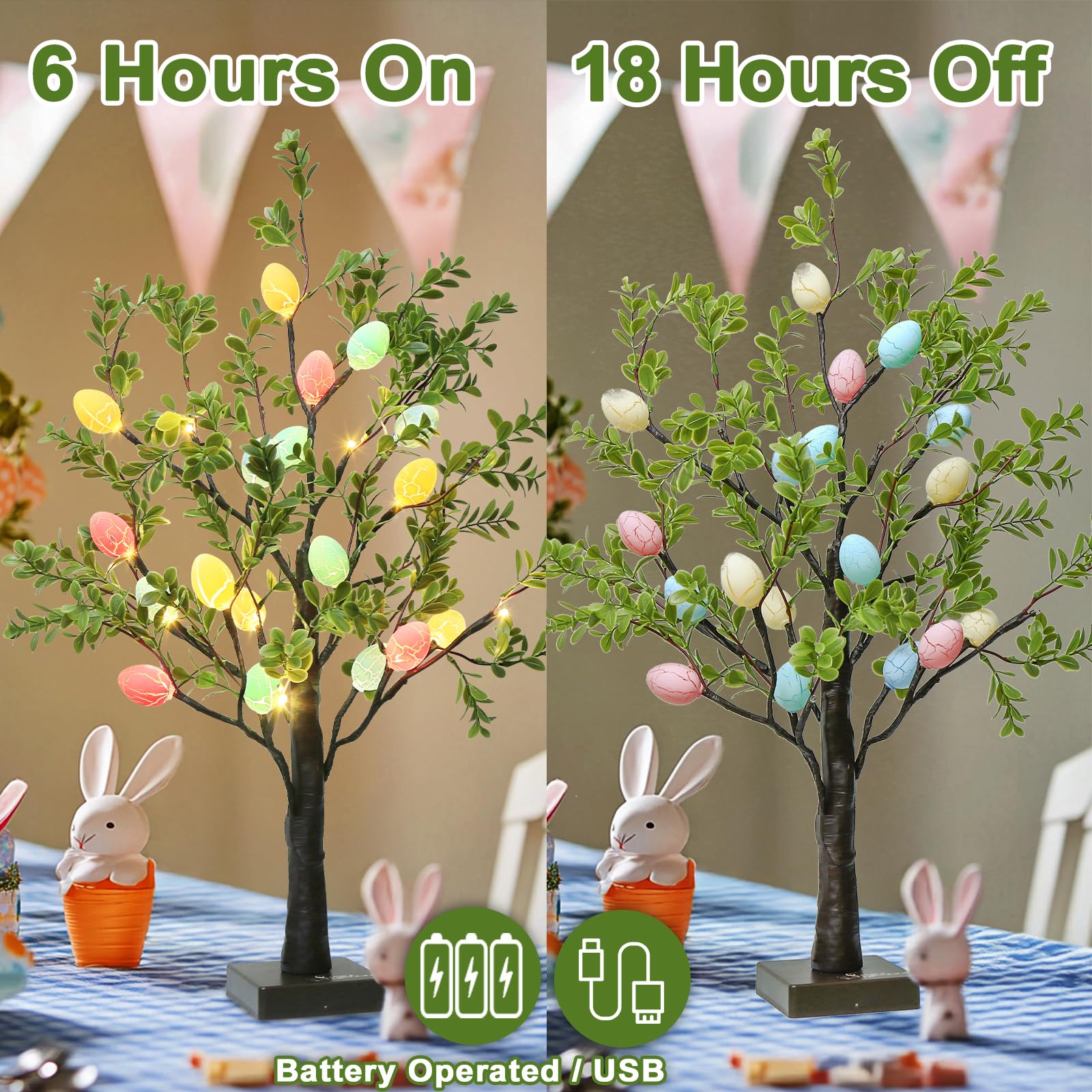 EAMBRITE 2Ft LED Lighted Easter Tree with 24 Hanging Eggs - Battery/USB Powered Artificial Tabletop Tree for Spring Home Decor - Perfect for Easter Celebrations, Party Centerpieces & Seasonal Table Displays (2 Pack)