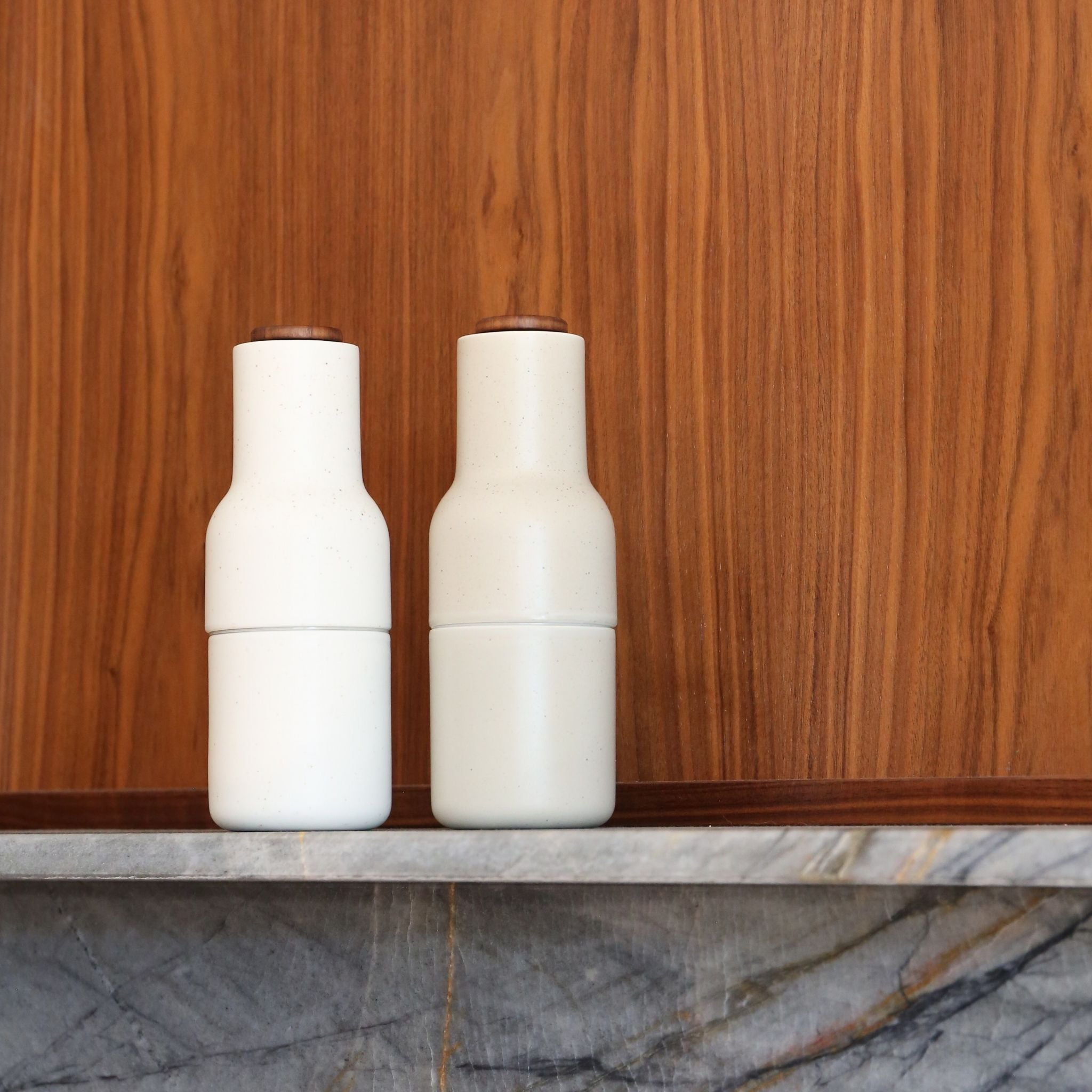 Premium Ceramic Salt and Pepper Grinder Set with Walnut Lid - Adjustable Coarseness, Refillable Spice Bottles for Kitchen, Dining Table & Gourmet Cooking