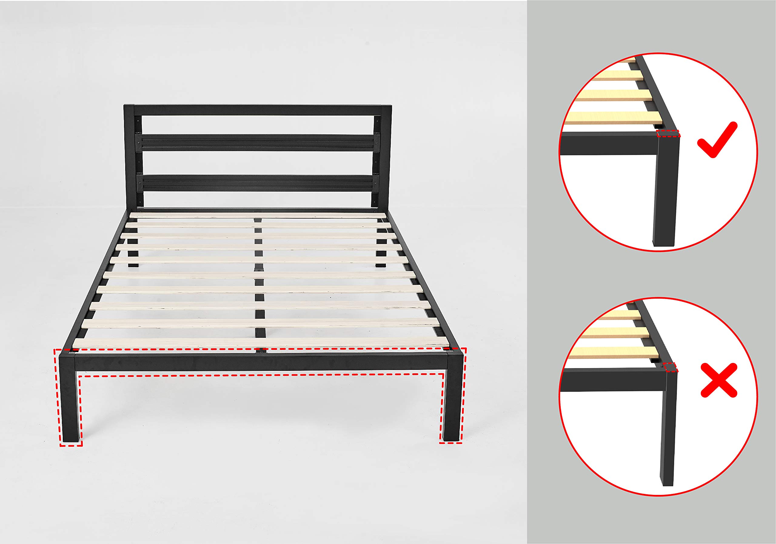 Amazon Basics Metal Bed Frame with Modern Industrial Design Headboard - 14 Inch Height for Under-Bed Storage - Wood Slats Support - Easy Assembly Queen Size Bed in Black - Perfect for Small Apartments, Dorm Rooms & Guest Bedrooms