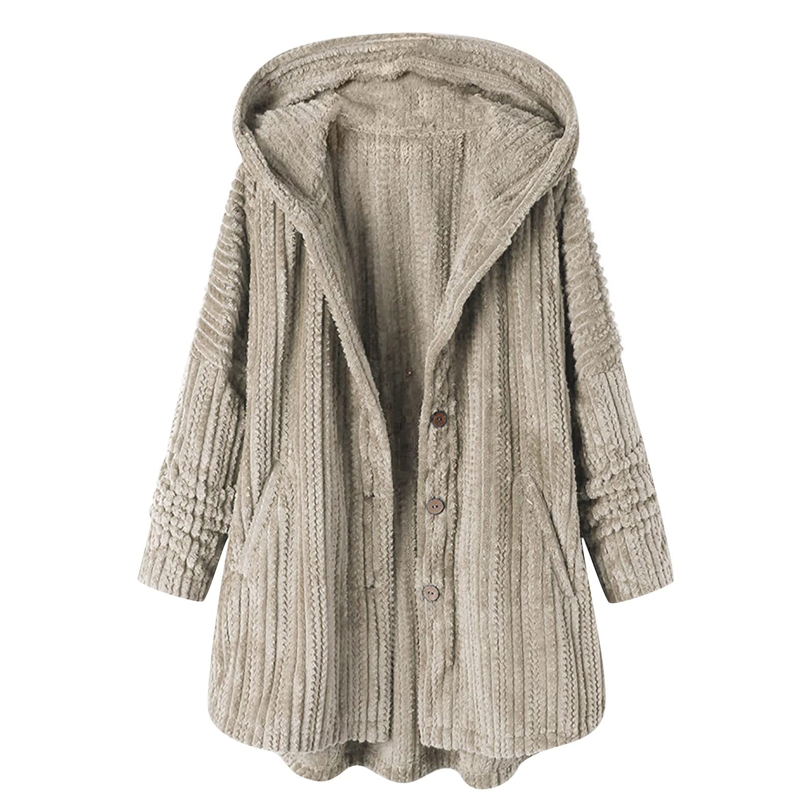 Plus Size Women's Casual Button-Down Hooded Coat with Pockets - Long Sleeve High-Low Hem Tunic Top for Everyday Wear & Outdoor Activities