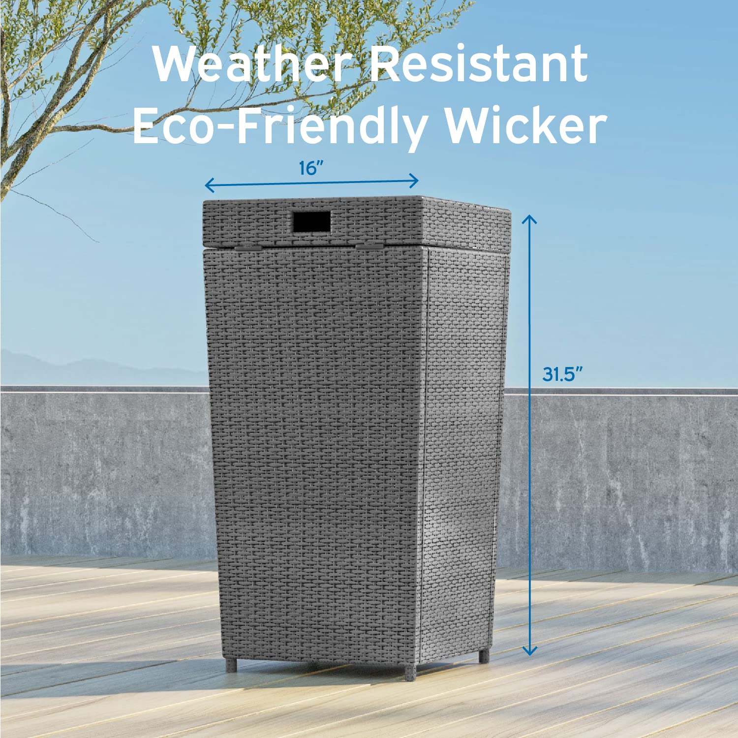 30 Gallon Grey Wicker Trash Can with Lid - Outdoor Garbage Bin for Patio, Garden, Deck & Backyard - Durable & Stylish Waste Container