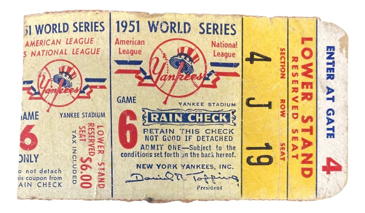 1951 World Series Game 6 Ticket Stub - New York Yankees vs Giants - Joe DiMaggio's Final World Series - Vintage Baseball Memorabilia for Collectors & Sports Fans - Perfect for Framing & Display in Man Caves, Sports Bars, and Memorabilia Collections