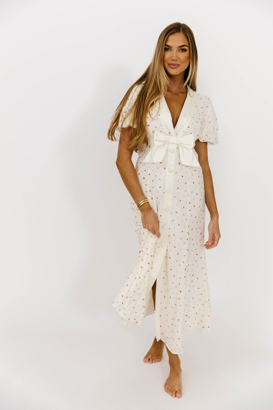 Florian Puff Sleeve Bow Front Collar Midi Dress in Cream | Elegant Women's Party Dress for Wedding, Cocktail, Date Night & Special Occasions