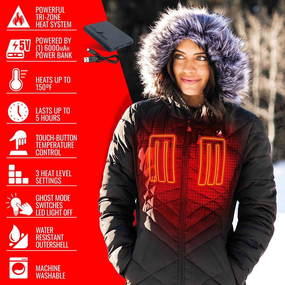 ActionHeat Women's Long Puffer Heated Jacket - Stylish Winter Heated Coat with Hood for Outdoor Activities, Skiing & Cold Weather