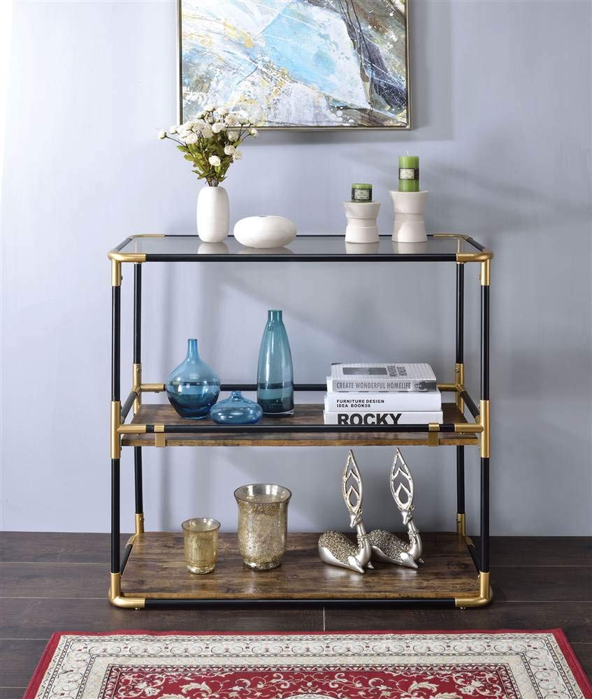 ACME Furniture Heleris Console Table - Black & Gold with Smoky Glass Top | Entryway, Living Room, Hallway Decor for Modern Home