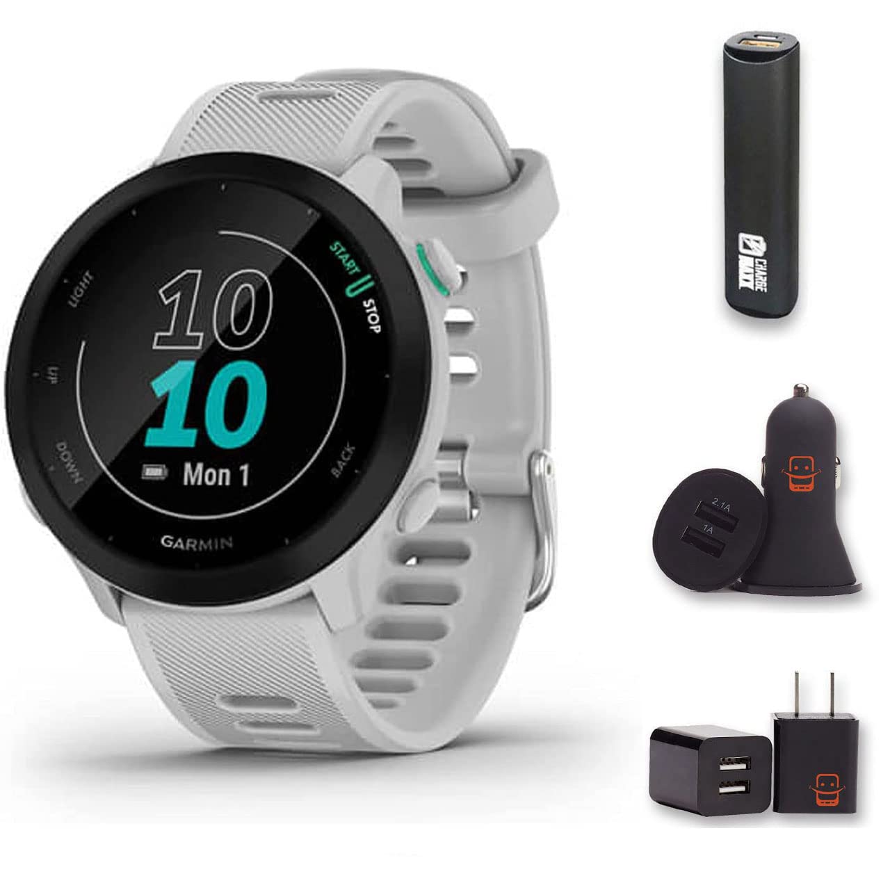 Garmin Forerunner 55 GPS Running Smartwatch (White) - Heart Rate Monitor, 2-Week Battery Life, Daily Workout Suggestions - Perfect for Marathon Training & Outdoor Fitness Tracking - Bundle with EZEE PowerPack (4 Items)