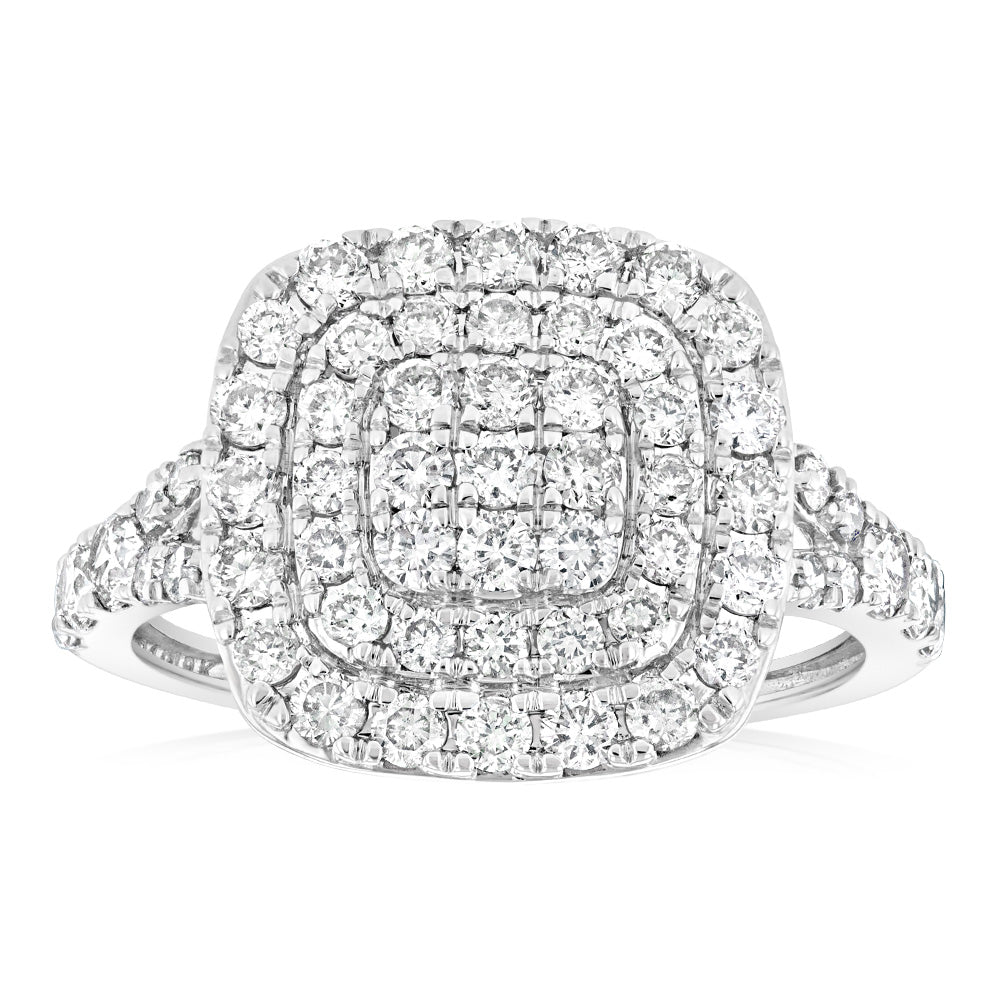9ct White Gold 1 Carat Diamond Cushion Cluster Ring for Women - Elegant Engagement, Wedding & Anniversary Jewelry Gift