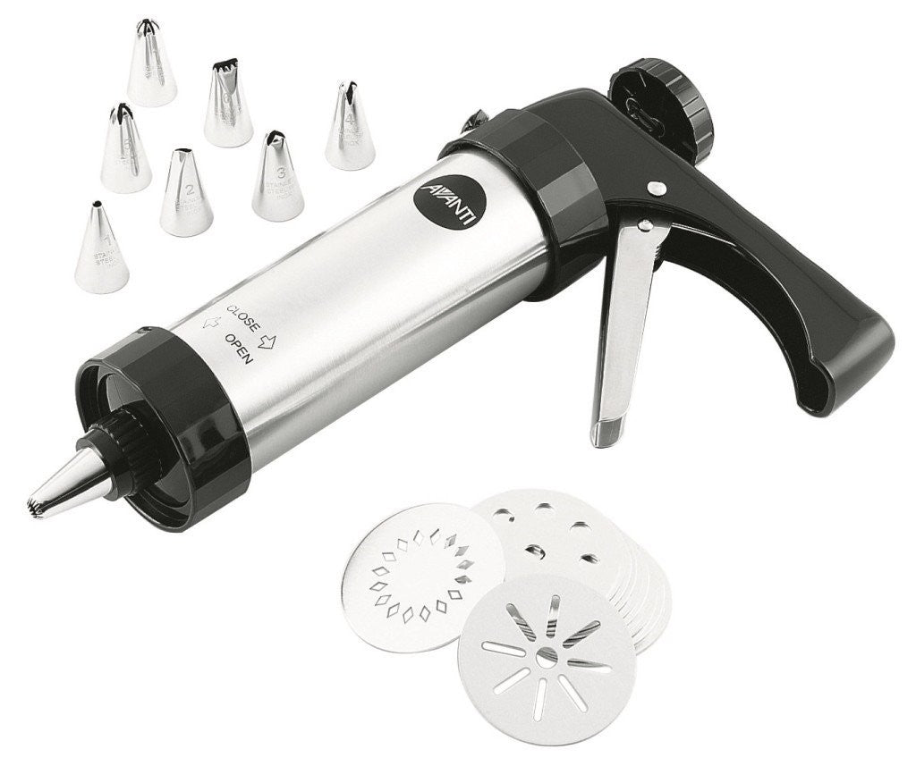 Avanti Premium Cookie Press Set with 12 Discs - Stainless Steel Cookie Maker for Baking, Decorating - Perfect for Christmas, Holidays, Parties & Gift Giving - Includes Luxurious Gift Box