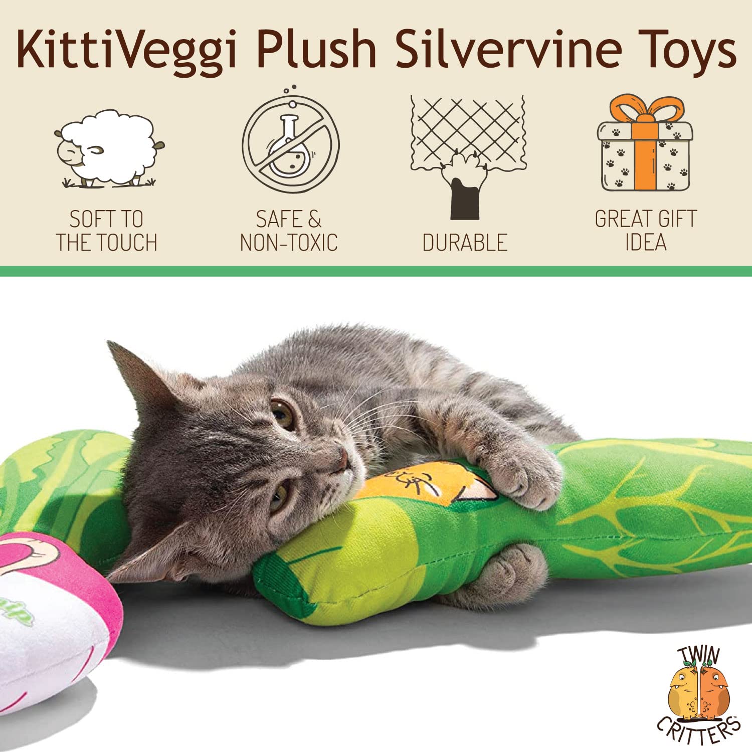 KittiVeggi 2-Pack Organic Silvervine Catnip Substitute Toys for Cats & Kittens | 100% Natural Wild Harvested Silvervine | Refillable Vegetable Plush Cat Toys | Great for Playtime, Training & Stress Relief