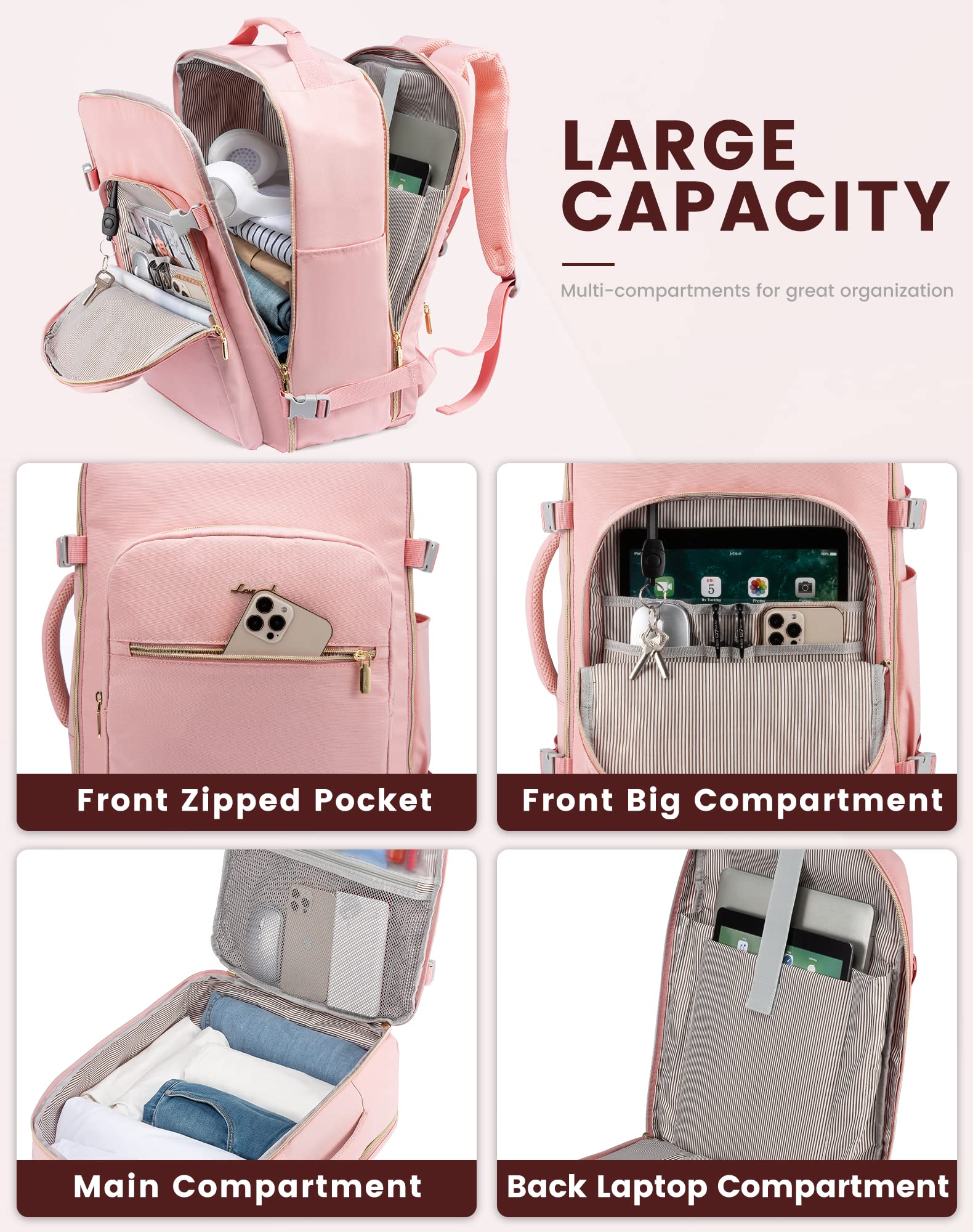 LOVEVOOK 17 Inch Waterproof Travel Backpack for Women - Flight Approved Carry On Backpack with Toiletry Bag, Large Laptop Backpack for Business, Weekender Overnight Bag - Perfect for Air Travel, Commuting & Weekend Getaways (Pink)