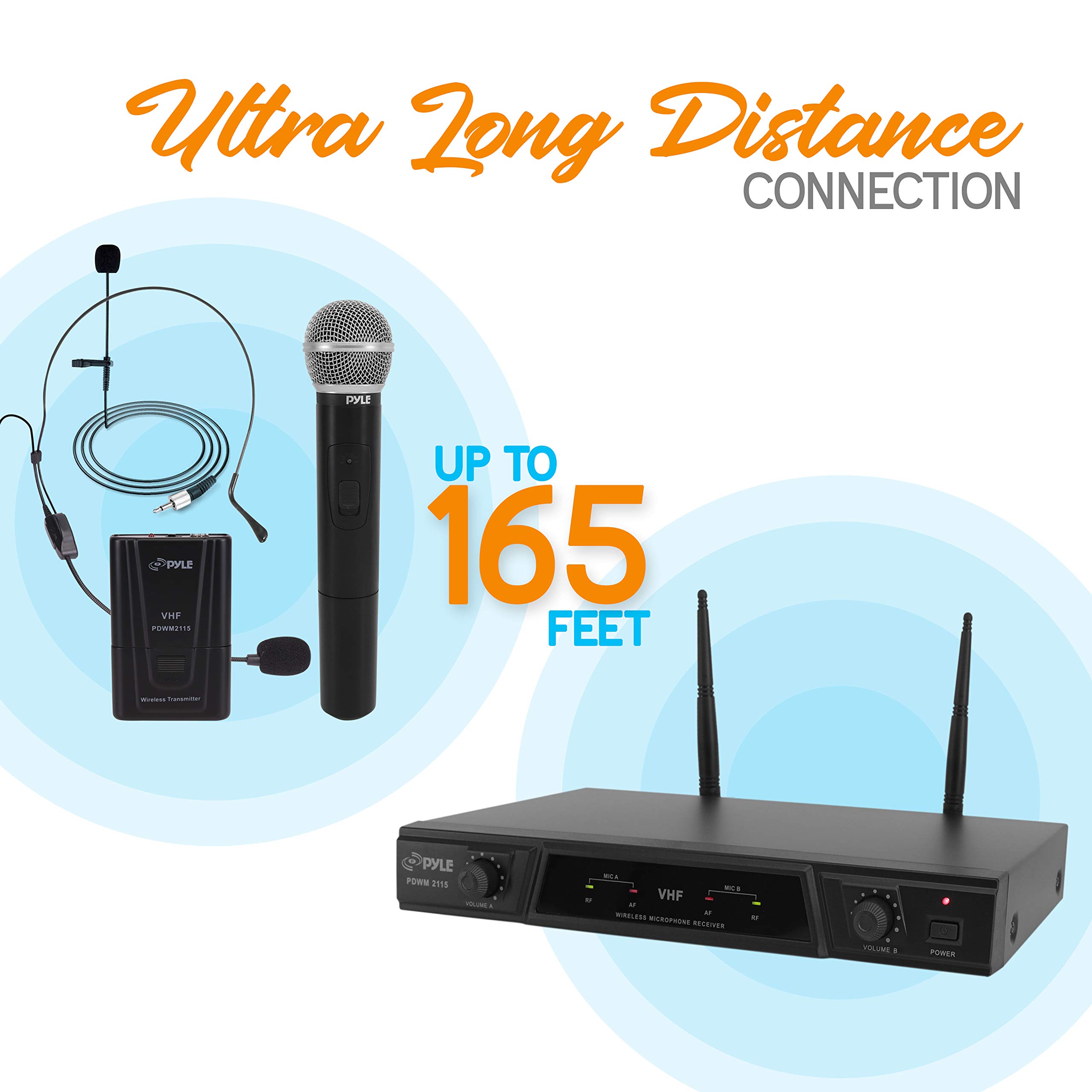 Pyle Pro PDWM2115 Dual Channel Wireless Microphone System - Portable VHF Audio Mic Set with Lavalier, Handheld & Headset Mics, Transmitter, ¼’’ Cable & Power Adapter - Ideal for Karaoke, DJ Performances, Public Speaking & Live Events