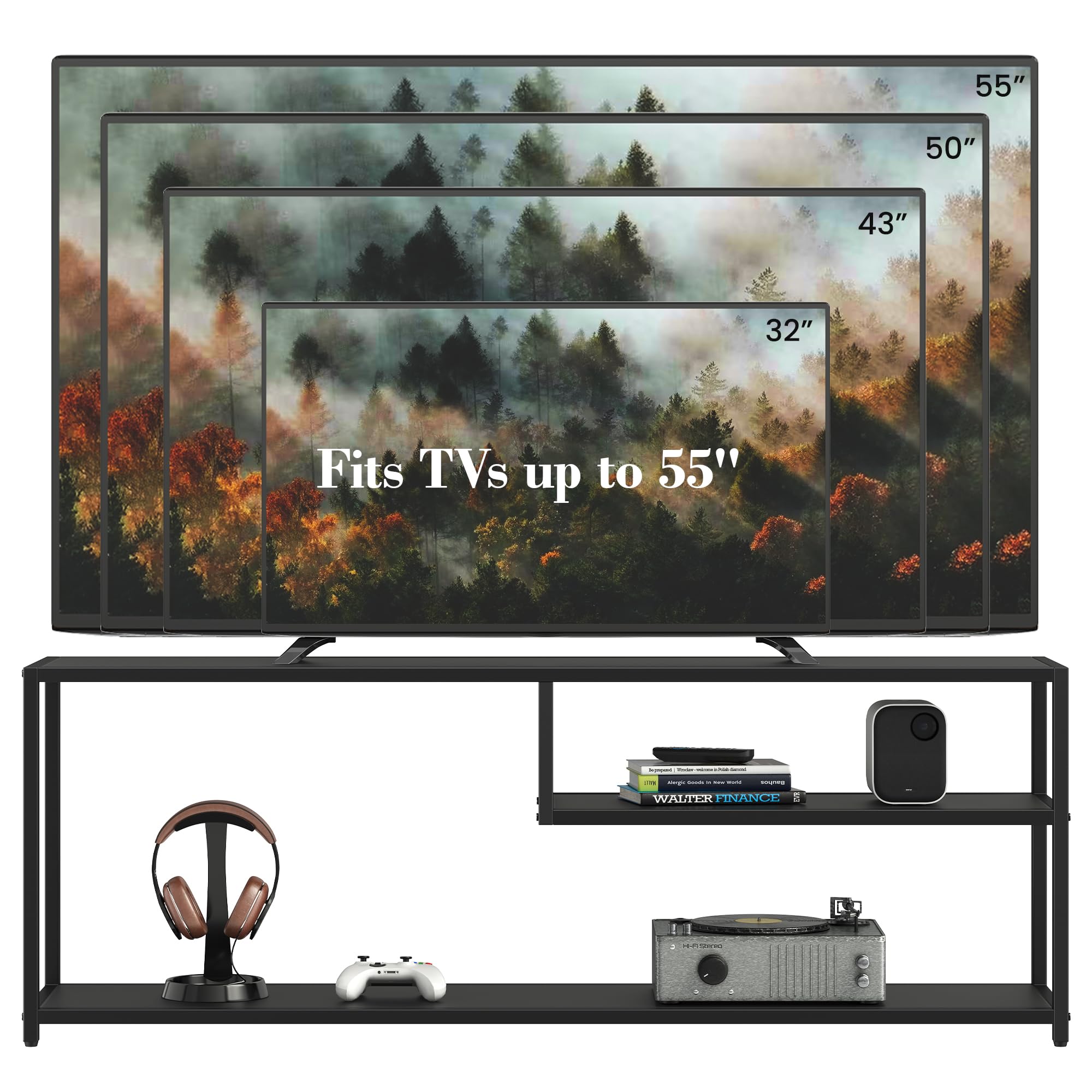 Modern TV Stand for 55 Inch TVs with Storage Shelves - Sturdy Metal Frame Entertainment Center - TV Console Table for Living Room & Bedroom (Black) - Perfect for Home Theater Setup & Space Saving Storage