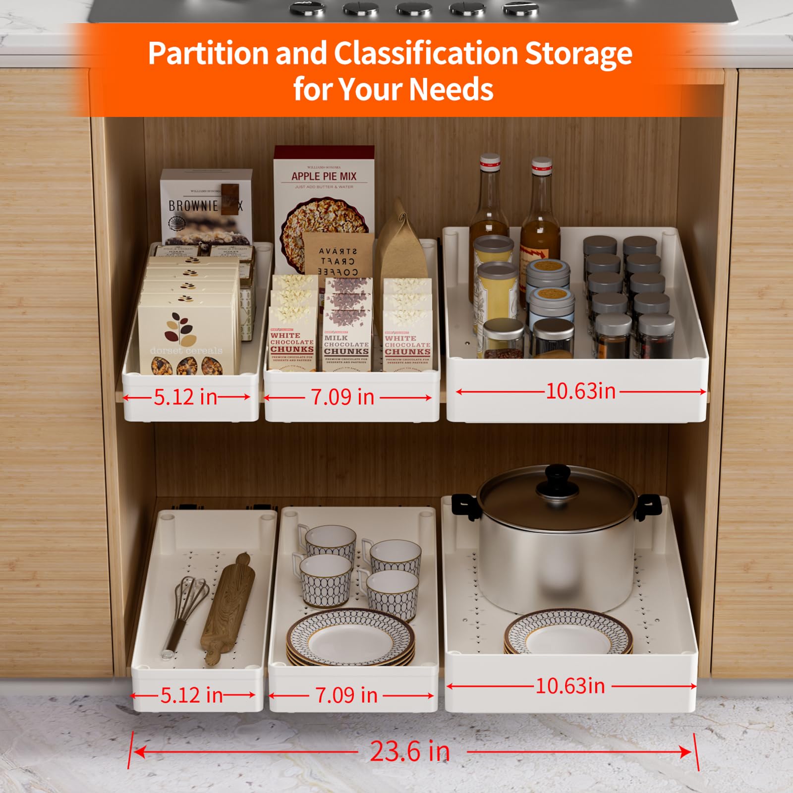 3 Pack Pull Out Drawer Organizer Kit - 3 Sizes Adhesive Cabinet Drawers with Nano Film - Expandable Kitchen Pantry & Bathroom Storage Solution for Spices, Utensils & Toiletries