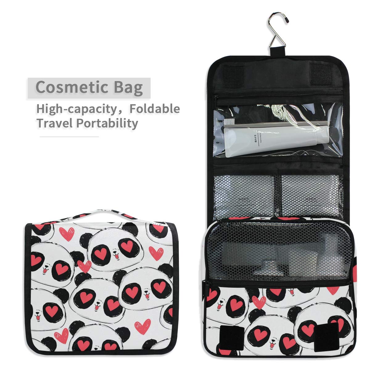 MOYYO Cute Panda Travel Hanging Toiletry Bag - Waterproof Cosmetic Makeup Organizer Pouch for Women & Girls - Perfect for Shower, Gym, Camping & Vacation Trips