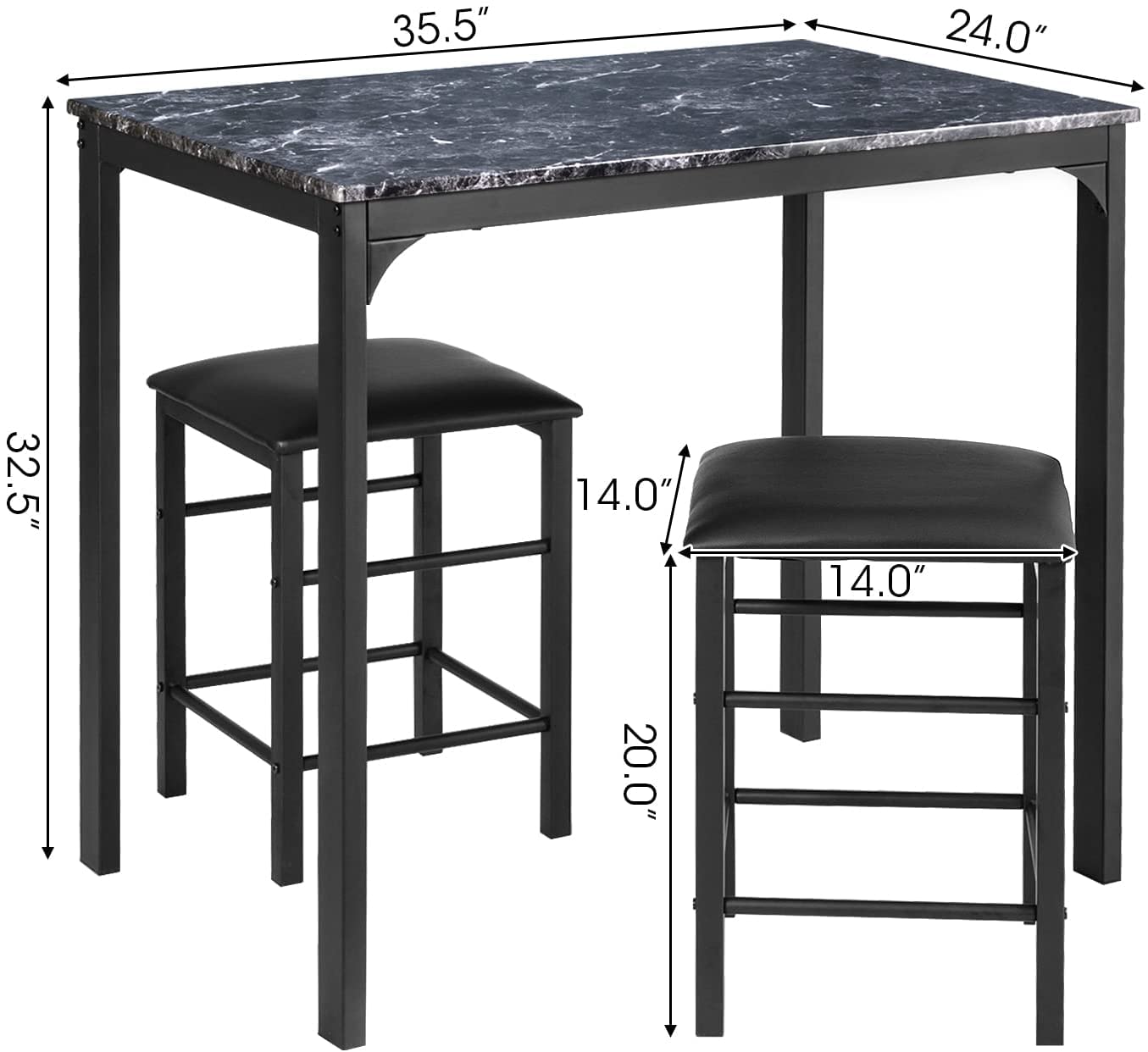 FANTASK 3-Piece Counter Height Dining Table Set for 2 - Small Kitchen Table with 2 Faux Leather Backless Stools - Space-Saving Design for Apartments, Kitchens & Bars (Black) - Perfect for Breakfast Nooks, Small Dining Areas & Studio Apartments