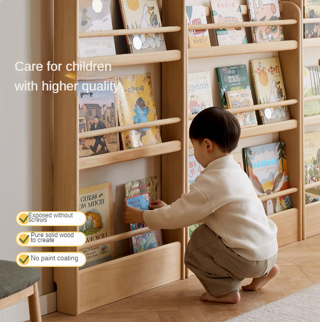 Popar Solid Wood Wall Mounted Bookshelf - Kids Book Storage Organizer for Nursery, Playroom & Classroom - Perfect for Children's Books, Toys & Decor