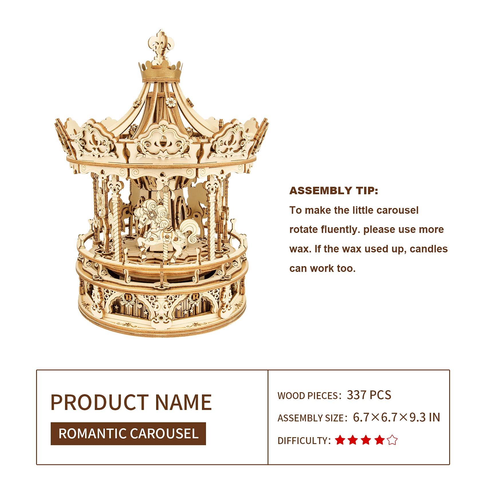 ROKR 3D Wooden Puzzle for Adults - DIY Mechanical Music Box Carousel Model Kit, Creative Building Toy & Unique Gift for Teens & Adults (14+), Perfect for Home Decor, Relaxation & Romantic Gifts - Fun DIY Craft Project for Hobbyists & Music Lovers